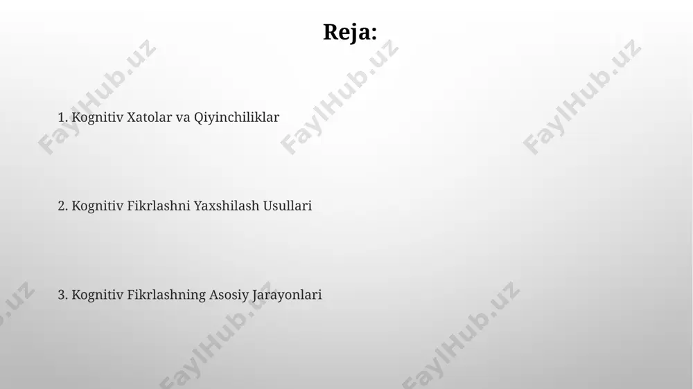 ga, jumladan, maʼlumotni qayta ishlash tezligiga va 12 yoshdan oshgan bolalarda kuzatiladigan abstrakt fikrlash qobiliyatiga bogʻliq boʻlib, bu buyuk britaniya olimlarining tadqiqotlari bilan tasdiqlangan. kognitiv jarayonlar inson miyasining kognitiv funksiyalari, masalan, mulohaza yuritish, 30 yoshdan keyin asta-sekin pasaya boshlaydi, ammo muntazam mashqlar bilan bu jarayonni 10 yilga sekinlashtirish mumkinligi haqida amerika olimlarining ma'lumotlari mavjud. kognitiv jarayonlarni o'rganishda, masalan, diqqatni jamlash, 200 dan ortiq turli eksperimental usullar qo'llaniladi, bu usullar orasida tokioda ishlab chiqilgan yangi texnologiyalar ham mavjud. heuristikalar va bayoslar bayoslar, kognitiv xatolar, odamlarning fikrlash jarayonida mantiqiy xatolarga yo'l qo'yishini aks ettiradi. masalan, tasdiqlash bayosi 70% odamlarning o'zlarining g'oyalarini tasdiqlovchi ma'lumotlarni qidirib topishga moyilligini ko'rsatadi. "tez va sekin fikrlash" kitobida daniel kaneman, 90% dan ortiq holatlarda, odamlarning qaror qabul qilishda tezkor heuristik strategiyasini aqsh va yevropa mamlakatlarida amalga oshirayotganini ta'kidlaydi, bu esa bayoslarning yuzaga kelishiga sabab bo'ladi. kognitiv rivojlanish bosqichlari kognitiv rivojlanishning piaget nazariyasi 4 bosqichdan iborat bo'lib, 0-2 yoshgacha …