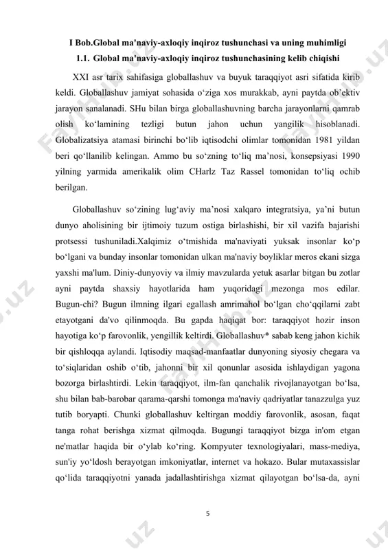 arga beg‘araz yordam berish, biror davlat yoki xalq farovonligi uchun xizmat qilish kabi maqsadlar bo‘lmaydi. ularga iste'mol qilish quvvatiga ega mijozlar bo‘lsa bas. agar birov globallashuv yo‘liga to‘g‘anoq bo‘lsa, undaylar shafqatsizlarcha jazolanadi. tizim shu darajada yaxshi ishlayaptiki, globallashuv qobig‘ida o‘z manfaatlari uchun ishlovchi davlat va iqtisodiy guruhlar yer yuzasidagi har bir tirik jonni o‘z maslaklariga ishontira oladi. bugun dunyodagi gegemon davlatlarning xalqaro maydonda «xalqlar ozodligi» uchun olib borayotgan urushlari aslida bir necha bankir, moliya guruhlari va transnatsional korporatsiyalar buyurtmasi bilan olib borilayotgan ishlardir. ma'naviy va xususiy darajada globallashuv insonni quruq iste'molchiga aylantiradi: baxt moddiy farovonlik bilan belgilanadi. yashashdan maqsad maksimal darajada hayotdan lazzatlanishdangina iborat bo‘ladi. bu yerda ruhiy-ma'naviy qadriyatlarga, ezgulik, savob, birovga beg‘araz yaxshilik qilish kabi oliy tushunchalarga o‘rin yo‘q. «birovga zararing yetmasa bas, istaganingni qilishing mumkin». bu aqida qolipsiz demokratiya qobig‘ida yanada chiroyli va adolatli ko‘rinadi. shu o‘rinda oddiy bir mantiq yuzaga chiqadi. mana shunday aqida bilan kun kechirayotgan …