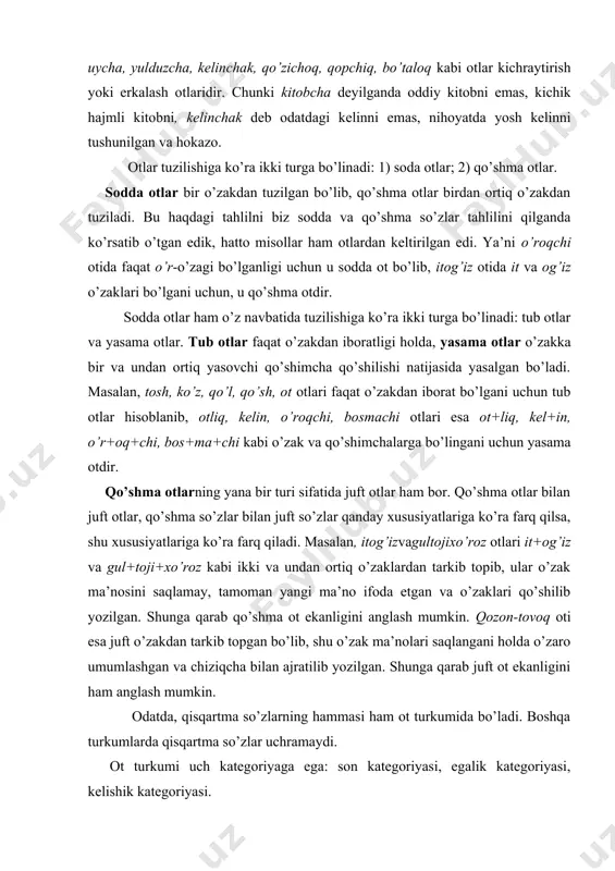 zga nisbatan so’zlovchiman.meni eshitayotgan esa tinglovchidir.ya’ni tinglovchi so’zlovchining nutqi bevosita qaratilgan, so’zlovchidan o’ziga qaratilgan nutqni bevosita tinglayotgan shaxs bo’ladi.o’zga esa so’zlovchi va tinglovchidan boshqa, nutqda nazarda tutilgan, har qanday bir shaxsga aytiladi. ya’ni men so’zlovchi sifatida sizga shu qo’llanmani bayon qilar ekanman, tinglovchi sizvaso’zlovchi mendan tashqari nazarimizda tutilgan yoki nutqimizga olingan shaxs o’zga sanaladi. odatda, tilshunoslikda so’zlovchi, tinglovchi va o’zga nomi bilan atalgan shaxslar tartib son bilan ataladi. ya’ni so’zlovchi i shaxs, tinglovchi ii shaxs va nihoyat o’zga iii shaxs bo’ladi. nutqda qayd etilgan ot deyarli holda shu uch shaxsdan biriga xos bo’lib qoladi. buni esa shu otga qo’shilgan qo’shimchadan bilish mumkin. masalan, qo’loti so’zlovchiga oid bo’lsa, qo’lim deb; tinglovchiga oid bo’lsa, qo’ling deb; o’zgaga oid bo’lsa, qo’li deb turlanadi. ko’rinadiki, egalik qo’shimchalari shaxslar bo’yicha shunday ekan: i shaxs qo’shimchasi -im, ii shaxs qo’shimchasi -ing, iii shaxs qo’shimchasi -i dir. bu qo’shimchalar undosh bilan tugagan otga qo’shilib keldi. unli bilan …