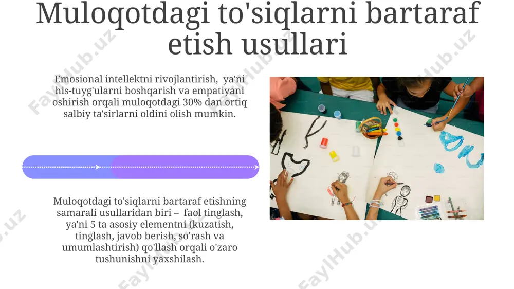 cha mini-loyihalarni bajarish (masalan, qisqa filmlar, slaydlar) ta'sirchan natijalar beradi. badiiy asarlar tahlili orqali muloqotning turli uslublarini o'rganish badiiy matnlarning til vositalari (metafora, allegoriya) yordamida muloqotning majoziy ma'nolarini tushunish va 4 ta turli kontekstda qo'llashni o'rgatish mumkin. hikoya, she'r va pyesalardagi personajlararo munosabatlarni tahlil qilish orqali kamida 2 ta samarali va 2 ta samarasiz muloqot misolini aniqlash mumkin. badiiy pedagogikaning samaradorligini baholash usullari badiiy pedagogikaning samaradorligini baholashda oʻquvchilarning ijod mahsulotlariga (rasmlar, sheʼrlar, dramatizasiyalar) sifat tahlili va 3 ball shkalasi boʻyicha baho berish qoʻllanilishi mumkin. oʻquvchilarning darsga boʻlgan qiziqish darajasi, faolligi va ijodkorlik koʻrsatkichlarini aniqlash uchun 5 ball shkalasi asosida soʻrovnomalar oʻtkazish va natijalarni statistik tahlil qilish samarali. o'quvchilarning o'ziga xos ijodini namoyon etish imkoniyatlari rollli o'yinlar orqali, 7-sinf o'quvchilari 10 ta turli vaziyatda muloqot qilish usullarini o'rganish bilan birga, o'zlarining ijodini va aktyorlik qobiliyatlarini namoyon etishlari mumkin. o'quvchilar she'r, hikoya yoki qo'shiq yozish orqali samarali muloqotning turli jihatlarini aks ettirib, …