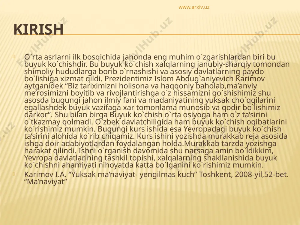 lanadi. ostgotlar va vestgotlarning impe-riya bilan toguv yashashlari mumkindek tugolar edi. usha vaqtda yevropaning janubi-sharkida bu varvarlarning juda keng yer maydonlari bor edi. vestgotlarda ham, ostgotlarda ham hech qanday «yer qaha-g`chiligi» yo’q edi. тo’g`ri, ostgot zodagonlari goh-goh bolqon yarim oroliga hujum qilib turar edilar. lekin ikkinchi tamondan, gotlar sharqiy rim imperiyasi bilan tinch savdo aloqalari ham olib 5orar edilar. gotlar xristianlikni sharqiy rimliklardan qabul qilgan edilar. gotlar o’rtasida xristianlikni targ`ib qilgan kishi yepiskop ulfila bo’ldi, u injilni va diniy kitoblarni got tiliga tarjima qildi. www.arxiv.uz www.arxiv.uz ikki davlatning eng kuchlisi — ostgotlar davlati bo’lib, u ko’p qabilali ittifoq edi, bu ittifaq o’zining ostgot qabilasidan tayagqari, va sharqqiy sarmat qabilalaridan bir qanchasini o’z ichiga olgan edi, bu davlatga korol germanarix 50 yil boshchilik qildi (u 375 yilda vafot etdi). osttotlarning o’zlar,i mahalliy madaniyat ta’siriga anchagina berilib,mahalliy aholi bilan qisman aralashib kega boshlagan edi. qora dengiz bo’yidagi gotlarga qora dengiz bo’yvdagi grek- …