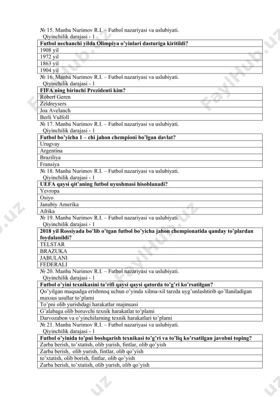 ishdagi harakatlar majmuasi g’alabaga olib boruvchi texnik harakatlat to’plami darvozabon va o’yinchilarning texnik harakatlari to’plami № 21. manba nurimov r.i. – futbol nazariyasi va uslubiyati. qiyinchilik darajasi - 1 futbol o’yinida to’pni boshqarish texnikasi to’g’ri va to’liq ko’rsatilgan javobni toping? zarba berish, to’xtatish, olib yurish, fintlar, olib qo’yish zarba berish, olib yurish, fintlar, olib qo’yish to’xtatish, olib borish, fintlar, olib qo’yish zarba berish, to’xtatish, olib yurish, olib qo’yish № 22. manba nurimov r.i. – futbol nazariyasi va uslubiyati. qiyinchilik darajasi - 1 futboldagi asosiy harakatlanish vositasi nima? yugurish yurish sakrash burilish № 23. manba nurimov r.i. – futbol nazariyasi va uslubiyati. qiyinchilik darajasi - 1 texnika so’zining ma’nosi? mahorat, san’at takrorlash, mashq bellashuv, kurash fint, chaqqon № 24. manba nurimov r.i. – futbol nazariyasi va uslubiyati. qiyinchilik darajasi - 1 futbol o’yinida o’yinchilarning raqib ustidan g’alaba qоzоnishga qaratilgan individual va jamоaviy harakat-larini tashkil qilishi, ya’ni kоmanda futbоlchilarining muayyan rеjaga binоan …