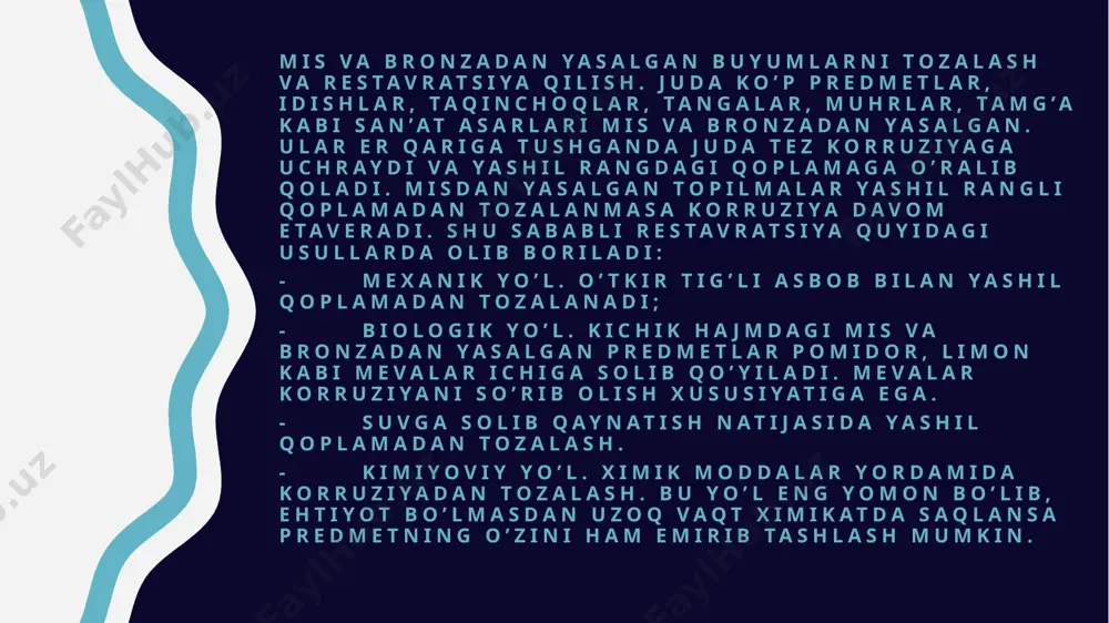 dan yahyo g’ulomov arxeologik topilmalarni ta’mirlash va ularni muzeylarga qo’yish, arxeologik obidalarni o’rganish davrida topilgan paxsa, xom g’isht va guvalalardan ko’tarilgan uylarning xarobalarini, qazishmalardan topilgan loydan yasalgan san’at asarlarini (haykallarni) kimyoviy usullar bilan restavratsiya va konservatsiya qilish taklifini beradi. shu taklif asosida o’zbekiston fanlar akademiyasining tarix va arxeologiya instituta qoshida arxeologik topilmalarni restavratsiya qilish bo’limi ochildi. bu taklif asosida tashkil etilgan kimyo laboratoriyalari dastlab tarix va arxeologiya instituta qoshida ishlagan bo’lsa, 1970 yildan boshlab alohida arxeologiya instituta tashkil topganligi munosabati bilan uning "kimyo-texnologik tadqiqotlar va konservatsiyalash bo’limi ochildi. mazkur bo’lim ishlab chiqqan tadqiqotlar tufayli ko’pgina san’at obidalari, mudofaa inshootlari, sopollitepa, qoratepa, ayniqsa afrosiyobdan topilgan va butun jahonni lol qoldirgan devoriy suratlari, erqo’rg’ondan topilgan loydan yasalgan haykallarning parchalari, arxeologik obidalarni va topilmalarni kimyoviy usullar bilan restavratsiya kilish bo’limi ochildi. foydalanilgan adabiyotlar cambridge university press 978-0-521-65572-9 - analytical chemistry in archaeology a. m. pollard, c. m. batt, b. stern and s. m. …