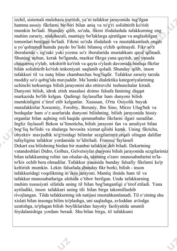 tasi bo'lgan sezgilardan til yordamida ifodalanishi bilan farq qiladi, til va tafakkur reallikni bilish, boshqa insonlar bilan munosabatda bo‘lish, obyektiv reallikka ta’sir ko'rsatish, har bir ishni oldindan o'ylab, ongli ravishda amalga oshirish kabilarda ko'rinuvchi, umuman, inson faoliyatining ongli, maqsadga muvofiqligini ta’minlovchi insongagina xos bo'lgan tarixiy muhim xislatdir. lekin amalda, hayotda, tarixiy jarayonda til va tafakkur har doim o'zaro ajralmas bo‘lsa-da, ularni turli fanlar alohida o'rganadi. masalan, tafakkur formalarini mantiq fani o'rgansa, til kategoriyalarini tilshunoslik fanlari tadqiq etadi.tafakkur umuminsoniy bo'lsa, til, uning qonun-qoidalari milliy xarakterga ega. dunyodagi tillar juda ko'p qonun-qoidalariga ko'ra bir-biridan farq qiladilar. tafakkur shakllari, tamoyillari esa, insonlarning millati, irqi, davridan qat’iy nazar, hammada bir xildir. demak, tafakkurning moddiy qobig'i tildir, shunday ekan til bilan tafakkurni bir-biridan ajratib bo'lmaydi. lekin ayrim tilshunoslar, xususan, n.ya.marr til bilan tafakkurni ajratib qo'ydi. u shunday yozadi: «bo'lajak til tabiiy materiyadan xoli bo'lgan, texnikada o'sib borayotgan tafakkurdir». bunda, albatta, tilning tafakkurdan ajratib qo'yilganligi ko'rinib …