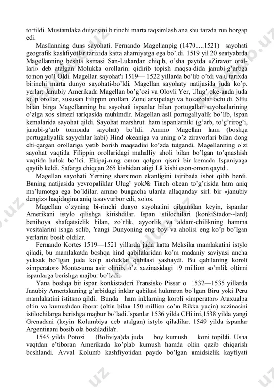 portugaliyaliklar xvi asr boshlarida yana amerikaning braziliyasini ham bosib olgan edilar braziliya uzoq vaqt davomida hindis-tonga boradigan ikki yo’l o’rtasidagi bekat bo’lib xizmat qilib kelgan edi. kolumbning amerikani kashf qilishi. portugaliyaliklar hindistonga afrikaning g’arbiy qirg’oqlari bo’ylab siljib borayotgan^bir paytda, qo’shni ispaniyada xuddi o’sha hindistonga borish yo’lining boshqa bir varianti chiqib qoldi. genuyalik xristofor kolumb (1451—1506) 1492 yilda ispaniyaning ferdinand va izabella hukumatiga hindistonga g’arb to-mondan boradigan sayohat loyihasini taklif qildi. kolumb yerning sharsimonligi haqidagi ta’limotga asoslanib ish ko’r-di. xv asr oxirlarida yevropa fan ahllari bu ta’limotning to’g’riligiga yana bir iqror bo’ldilar. kolumb bundan ilgari ham o’zining shunday loyihasi bilan portugaliya hukumatiga murojaat qilgan zdi, ammo rad javobi olgan edi. portugaliya-liklarning dengizdan afrika bo’ylab hindistonga boradigan o’z planlari bor edi; diasning kashfiyotidan keyin bu plan-ning uzil-jesil amalga oshirilishi yaqinlashib qolgan edi. xud​di shu vaqtga kelib, granada korollig’ini istilo qilish ishini tamomlagan ispan hukumati kolumb loyihasiga, aksincha, xay-rixohlik bilan qaraydi. sayohatni uyushtirish …