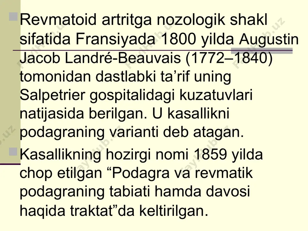 05.0) revmatoid artrit aloxida klinik shaklllari: - kattalarda rivojlanadigan still kasalligi (m06.1) 2 - o’rtacha 1 - past 3 - yuqori 3. kasallik faolligi: 0 - remissiya das28 5,1 1. revmatoid tugunchalar 4. neyropatiya (mononevrit, polineyropatiya) 2. teri vaskuliti (yarali-nekrotik vaskulit, tirnoq infarkti, digital arteriit, livedo-angiit) 5. plevrit (quruq, ekssudatli), perikardit (quruq, ekssudatli) 6. shegren sindromi 3. boshqa a'zolarning vaskuliti 7. ko’zlarning zararlanishi (sklerit, episklerit, to’r parda vaskuliti) 4. bo’g’imdan tashqari (sistem) o’zgarishlar: 5. instrumental xarakteristika: eroziyalar mavjudligi (rentgenografiya, mrt, uzi da aniqlanadi): eroziv emas eroziv rentgenologik bosqich (shteynbroker bo’yicha, modifikatsiya): bo’g’im atrofi osteoporozi osteoporoz + bo’g’imlar aro tirqishning torayishi, yakka eroziyalar bo’lishi mumkin ii bosqich + eroziyalarning ko’pligi + bo’g’imlarda yarim chiqishlar iv – iii bosqich + suyak ankilozi i ii iii iv 6.qo’shimcha immunologik xarakteristika - antitsitrullin antitanalar: atssp – negativ atssp - pozitiv 7. funksional sinf: to’liq saqlangan: o’z-o’ziga xizmat qilish, professional bo’lmagan va professional mehnatga layoqatlik …