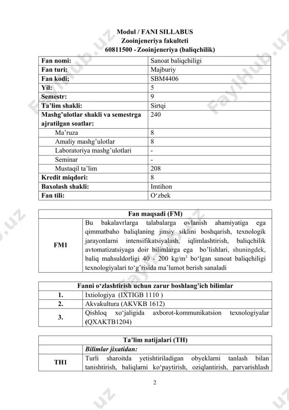 oratsiyasiga doir bilimlarni o‘zlashtirish, akvakultura korxonasi loyihalashtirilayotgan va ularning faoliyat ko‘rsatayotgan joyidagi suvning sifatini baholay olishga doir bilimg ega th3 fanning qishloq xo‘jalik va baliqchilik hamda akvakultura muammolarini yechishdagi o‘rni, yangi yaratiladigan sanoat akvakulturasi uchun biologik asoslari rivojlantirishga doir ko‘nikmalarni hosil qilish haqida tasavvurga ega bo‘lishi, akvakultura korxonalarini loyihalashtirishni bilishi va ulardan foydalana oladi ko‘nikmalar jixatidan: th5 obyektlar jinsiy hujayralari yetilishini tezlashtirishni, yemlar sifatini aniqlashni, baliqlar biologik ko‘rsatkichlarini baholash uslublari, qisqichbaqasimonlar, suv o‘tlari va boshqa gidrobiontlarni yetishtirish texnologiyalarini, suv havzalaridagi ozuqa bazasini baholash malakalariga ega th6 basseyn hovuz baliqchilik ho‘jaliklarida olib boriladigan ishlarni,tabiiy suv havzalarda baliqlarning oziqlanishi haqida ma’lumotlarga ega bo‘lishi, turli xil baliqchilik sikllarini o‘tkazish uslublari kabi ko‘nikmalarga ega th7 akvakultura obyektlari xususiyatlaridan kelib chiqib va suv havzasi joylashgan o’rniga qarab texnologik yechim hamda ulardan foydalana olishni biladi. fan mazmuni mashg’ulotlar shakli: ma’ruza (m) m1 sanoat baliqchiligi tushunchasi va uning baliqchilik tizimidagi o‘rni. sanoat baliqchiligida abiotik va biotik omillar …