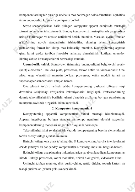 t bloki bilan g‘ilof. elektr ta’minot bloke, odatda, g‘ilofga o‘rnatilgan bo‘ladi. uning bir qancha modifikatsiyalari mavjud, biroq atx platalar uchun yangi konstruksiyalar ommaviy tarqalgan. quyida eng mashhur shakllarning standartlari keltirilgan: · full tower (baland minora). · mini – tower (kichik minora). · desktop (stol usti). · low profile (yassi g‘ilof, slimline deb ham ataladi). g‘ilof harid qilishdan oldin kompyuterga o‘rnatiladigan apparat ta’minotini aniqlab olish zarur. shunday qilib, agar sizga kelajakda kompyuterni takomillashtirishda to‘sqinlik qilmaydigan g‘ilof va elektr ta’minot bloki kerak bo‘lsa, shunday konfiguratsiyani tanlangki, u atx tizimli platalar konstuksiyasini qo‘llab quvvatlasin. elektr ta’minot blokini harid qilayotganda, tizimga o‘rnatiladigan qurilmalar sonini hamda is’temol qiladigan kuchlanishni hisobga olish kerak bo‘ladi. protsessor. sotuvda protsessorlarning asosiy ikki turi mavjud: intel va amd – «zichlangan» va oem (original equipment manufacturer – original qurilmalar ishlab chiqaruvchi)-protsessorlari. bir xil texnik ko‘rsatkichlarga ega bo‘lgan turli tipdagi protsessorlar majmualari, masalan, qo‘shimcha komponentlarning bor-yo‘qligi va kafolat muddati bilan farqlanadi. amd-«zichlangan» …