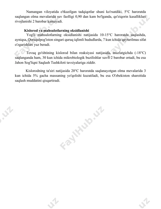 ar shuni ko'rsatdiki, suv faolligi 0,6 ga yetganda, don mahsulotlarida yog'larning oksidlanish jarayoni 30% ga sekinlashadi. namangan viloyatida o'tkazilgan tadqiqotlar shuni ko'rsatdiki, 5°c haroratda saqlangan olma mevalarida suv faolligi 0,90 dan kam bo'lganda, qo'ziqorin kasalliklari rivojlanishi 2 barobar kamayadi. kislorod va mahsulotlarning oksidlanishi yog'li mahsulotlarning oksidlanishi natijasida 10-15°c haroratda saqlashda, ayniqsa, qoraqalpog'iston singari quruq iqlimli hududlarda, 7 kun ichida qaytarilmas sifat o'zgarishlari yuz beradi. tovuq go'shtining kislorod bilan reaksiyasi natijasida, muzlatgichda (-18°c) saqlanganda ham, 30 kun ichida mikrobiologik buzilishlar xavfi 2 barobar ortadi, bu esa jahon sog'liqni saqlash tashkiloti tavsiyalariga ziddir. kislorodning ta'siri natijasida 20°c haroratda saqlanayotgan olma mevalarida 3 kun ichida 5% gacha massaning yo'qolishi kuzatiladi, bu esa o'zbekiston sharoitida saqlash muddatini qisqartiradi. 📌xulosa маҳсулот сақланишига физиологик жараёнлар жиддий таъсир кўрсатади. нафас олиш, сув йўқотиш ва биокимёвий ўзгаришлар маҳсулот сифатини ва яроқлилигини белгилайди. сақлаш шароитини оптималлаштириш ушбу жараёнларни секинлаштиришга ва маҳсулот муддатини узайтиришга ёрдам беради. 📚foydalanilgan adabiyotlar 1. altman, …