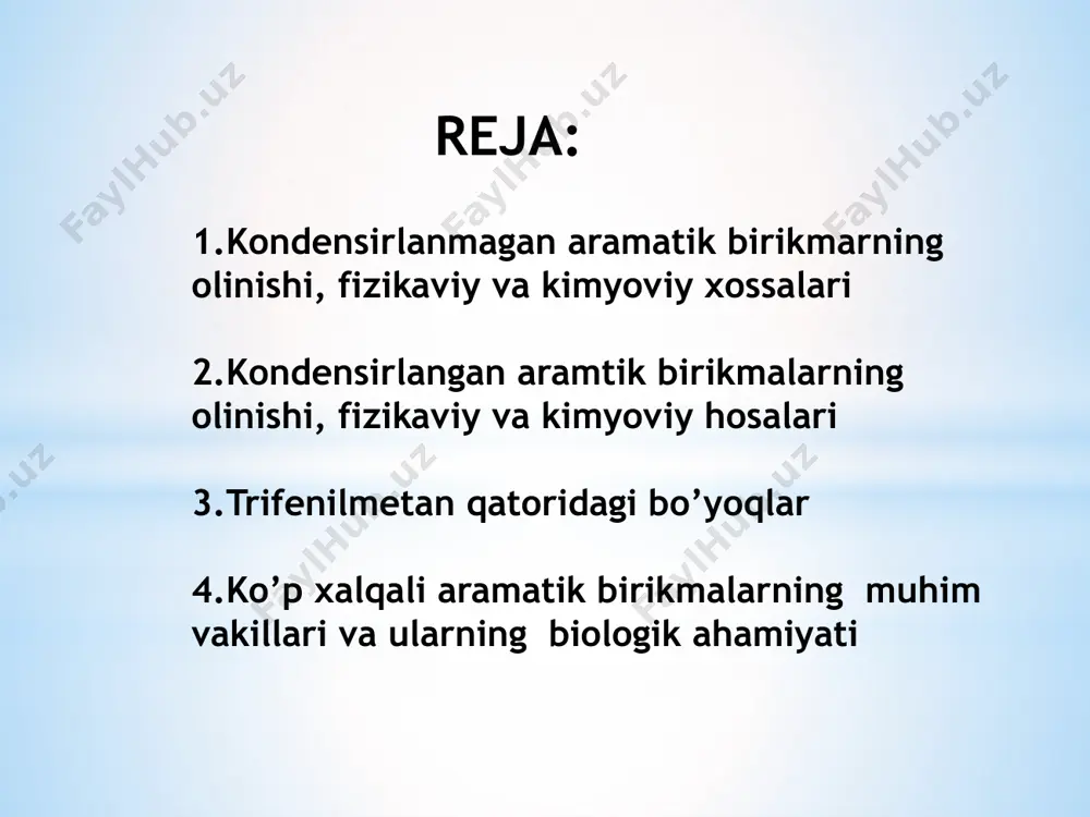. 9 kondensirlangan(tutash) benzol halqali aramatik uglevadarodlar naftalin-toshko’mir smolasing asosiy qismini tashkil qiladi.u 800 da suyuqlanadigan, 2800 qaynaydigan oq kristal modda bo’lib suvda erimaydi.naftalin asosan toshko’mir smolasidan 170-230o da haydab olinadi.hozirgi vaqtni neftni katalitik kreking qilib olinadi. naftalin malekulasida 2 ta benzol halqasining o’zaro bir- biri bilan o’zaro kondensirlanishidan hosil bo’lgan birikmadir. 1,4,5,8 holatlarni alfa xolatlar 2,3,6,7 xolatlarni betta holatlar deyiladi.demak naftalinga biror bir modda tasir ettirilsa reaksiya sharoitiga qarab 1 ta vadarod almashingan 2xil isomer xosil bo’ladi. olinishi: kimyoviy reaksiyalari antratsen-bitta sathda yotuvchi 3 ta kondensirlangan benzol halqasidan tashkil topgan birikmalar.undaggi 1,4,5,8 holatlarni alfa, 2,3,6,7 holaatlarni betta, 9,10 holatlrni gamma holatlar deyiladi. antratsen kristal modda bo’lib 213oc da suyuqlanadi. u asosan toshko’mir smolasidan olinadi.antratsen va uning birikmalari kimyo sanoatida ishlatiladi. olsidlovchilar tasirida oksidlansa antraxinon xosil bo’ladi. olinishi: reaksiyalari: kondensirlangan aramatik uglevadarodlardan biri fenantrendir.u ham toshko’mir smolasidan ajratib olinadi.u.kristal modda 100o c da suyuqlanadi. tamaki tutuni tarkibibidagi ko’p xalqali aramatik …