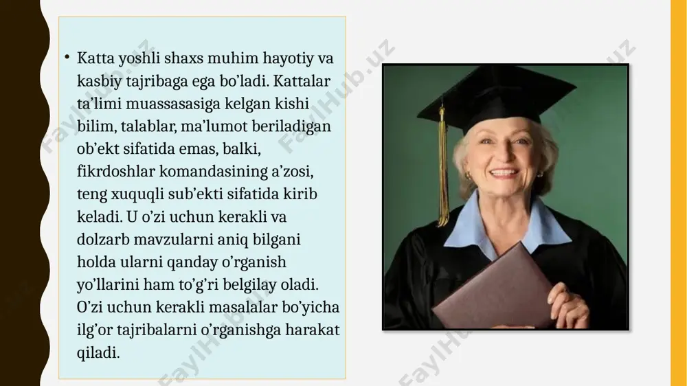 inlik, yoshlik, yetuklik, keksalik va qarilik davrlaridir.. 18-30 yoshlik davri hisoblanib ,bu o’z hayot yo’lini, maqsadlarini belgilab olish va shu yo’lda faol harakat qilish davridir. 18-19 yoshlik – har tomonlama faollik. o’z-o’zini to’liq qidirish, anglash. o’zining keyingi taqdirini belgilab olish. bu bajarib ko’rish, xato qilish davri. demak,qo’llab- quvvatlashga muhtoj bo’lgan davr. 22-28 yosh – real hayotga kirishda o’z yo’nalishlarini tanlashga, belgilab olishga harakat qilish, o’z hayotiy maqsadlarini belgilab olish; yetuklik 30-55-60 yosh hisoblanib, fiziologik, psixik va ijtimoiy jihatdan yetuk bo’lgan davr. yetuklik insonning ko’p yillik intellektual va ma’naviy xususiyatlari uning shaxsi asosi shakllangan va ro’yobga chiqadigan davridir. bu davr kishining o’zini shaxs sifatida namoyon etishga harakat qilishining natijasi hisoblanadi. 29-34 yosh – savollar krizisi. o’zi tanlagan yo’llarning to’g’riligidan xavotirlik va ayrimlarini to’g’rilashga harakat, fikrlar qarama-qarshiligi; 35-43 yosh – kechiktirib bo’lmaslik krizisi. hayotning ko’p yo’llari bo’lganligini anglagan holda kasbiy faoliyatda, shuningdek, shaxsiy hayotda maqsadlari bilan qay darajada erishganligini tahlil qilish; 44-50 …