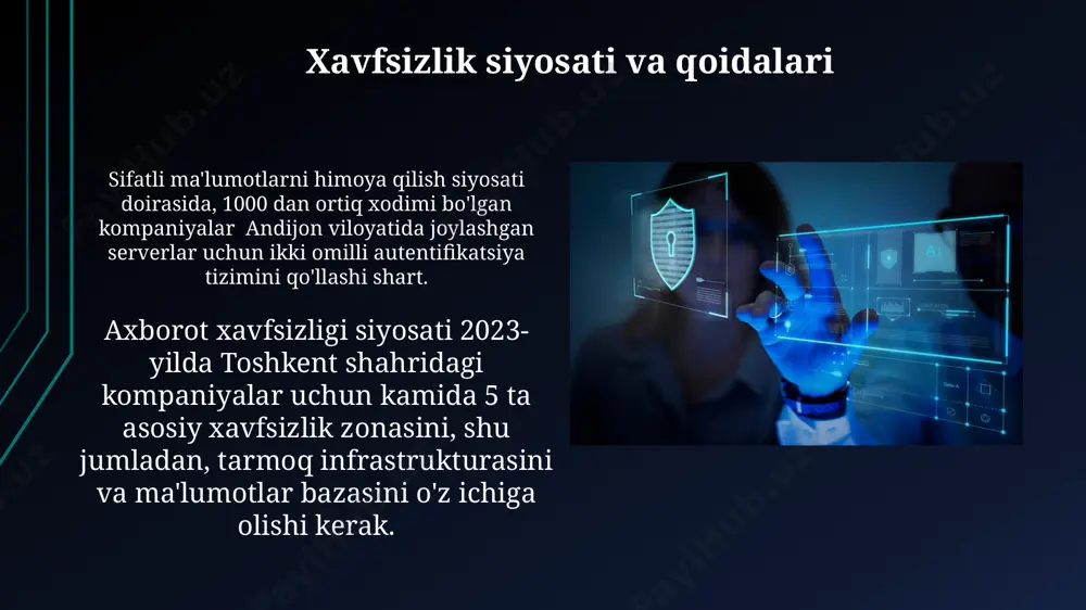 ing kirishini nazorat qiladi. xavfsizlik devori va intrusion detection tizimlari, aqshning cisco texnologiyalaridan foydalanib, andijon shahridagi tarmoqqa 3 ta turli hujumlardan 95% ni oldini oladi. zararli dasturlardan himoya ўзбекистондаги банк тизимларида 2022 йилда фишинг ҳужумлари сони 30% га ошган, шу сабабли икки омилли автентификация ва кучли пароллардан фойдаланиш жуда муҳимдир. зарарли дастурлардан ҳимоя қилиш учун 2023 йилда дунё бўйлаб 15 миллиондан ортиқ киберхужумлар қайд этилган бўлиб, бу киберхавфсизлик тизимларини кучайтиришнинг муҳимлигини кўрсатади. axborotni himoya qilish usullari маълумотлар базасини ҳимоялаш учун, дунёнинг етакчи компаниялари томонидан ишлаб чиқарилган, 3 та фаерволл ва интрузион детектор тизимларидан фойдаланиш зарур. бу самарқанддаги университетларда татбиқ этилади. жаҳон стандартларига мос келувчи вирусга қарши дастурларни йилига камида 2 марта янгилаб туриш, шунингдек, 1000 дан ортиқ ходимлари бўлган корхоналарда хавфсизлик аудити ўтказиш мажбурийдир. zamonaviy axborot xavfsizlik texnologiyalari bulutli texnologiyalar va kriptografiya (aes-256 shifrlash kabi) axborotni himoya qilishda muhim rol o'ynaydi, bu esa ma'lumotlarni 200 dan ortiq serverlarda saqlashda ishonchlilikni …
