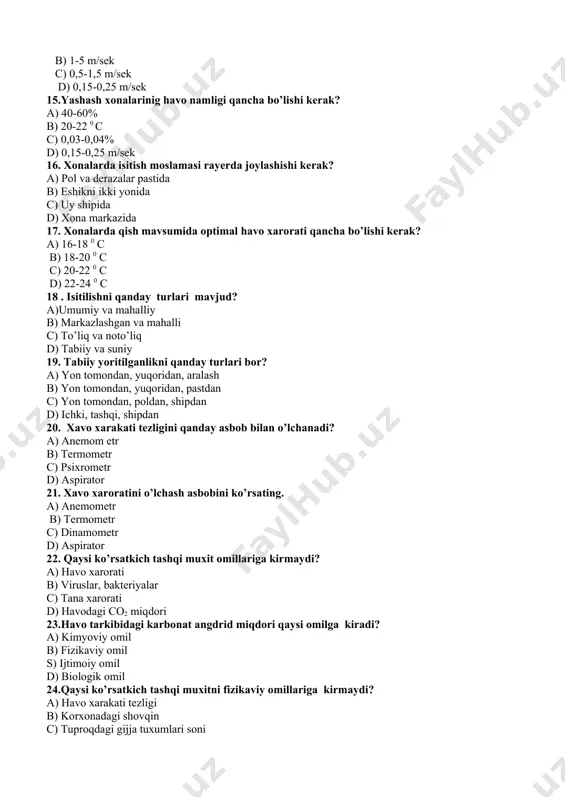 rmaydi? a) suv tarkibidagi tuzlar miqdori b) havo tarkibidagi viruslar miqdori c) havo tarkibidagi o2 miqdori d) tarvuz tarkibidagi selitra miqdori 28.suv tarkibidagi ftor miqdori kamayib ketsa, odamda qanday kasallik kelib chiqadi? a) buqoq b) flyuoroz c) gripp d) kariyes 29.ichimlik suvida yod moddasi yetishmasa qanday kasallik kelib chiqadi? a) kariyes b) flyuoroz c) nurlanish d) buqoq 30.havo tarkibidagi karbonat angidrid miqdorini aniqlash gigiyenaning qanday tekshirish usuliga kiradi? a) sanitariya tekshirish usuliga b) klinik kuzatish usuliga c) laborator tekshirish usuliga d) statistika usuli 31.ichimlik suvini tarkibini o’zgarishi bilan bog’liq bo’lgan kasallikni ko’rsating. a) qon bosimini ortishi b) gripp c) buqoq d) qizamiq 32.havo tarkibidagi kislorod necha foizni tashkil qiladi? a) 78% b) 0,03-0,04% c) 21% d) 1% 33.qaysi gaz havo tarkibida tabiiy xolda uchramaydi ? a) karbonat angidrid b) ozon c) azot d) is gazi 34. bеmorga antibiotik qilishdan oldin qanday qoidaga rioya qilish kеrak? a)in'yеktsiya jarayoni og'riqsizlantirilishi kеrak b)tеri …