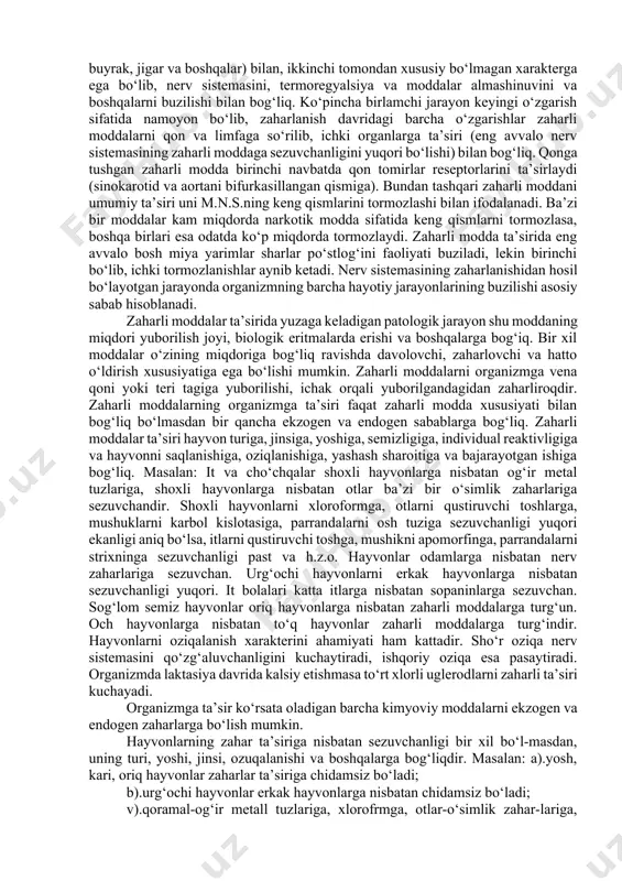 ilishi tufayli to‘planib qolgan to‘la oksidlanmagan zaharli mahsulotlar bilan organizmning zaharlanishi. organizmga ikki xil ta’sir qiladi: 1.mahalliy. 2.umumiy. mahalliy ta’sir - ko‘pincha anorganik moddalar (kislota va ishqor-lar)ni to‘g‘ridan-to‘g‘ri organizm to‘qimalariga ta’siridan hosil bo‘ladi va ta’sir etgan joyining (to‘qimaning) qizarishi, kuyishi, emirilishi bilan ifodalanadi. to‘qimaning jarohatlanish darajasi kimyoviy moddalarning konsentrasiyasiga va ta’sir etish muddatiga bog‘liq. to‘qimalarning mahalliy shikastlanishi ham organizmning umumiy o‘zgarishlari holatida ham namoyon bo‘lishi mumkin. bunday o‘zgarishlar kimyoviy moddalarning to‘g‘ridan-to‘g‘ri nerv sistemasiga ta’siridan, hamda to‘qimalarning parchalanish mahsulotlarini qonga so‘rilishidan hosil bo‘lishi mumkin. umumiy ta’siri. zaharli moddalrning umumiy ta’siri bir tomondan zararlangan yoki shikastlangan organ yoki to‘qima (o‘pka, oshqozon, ichak tizimi, buyrak, jigar va boshqalar) bilan, ikkinchi tomondan xususiy bo‘lmagan xarakterga ega bo‘lib, nerv sistemasini, termoregyalsiya va moddalar almashinuvini va boshqalarni buzilishi bilan bog‘liq. ko‘pincha birlamchi jarayon keyingi o‘zgarish sifatida namoyon bo‘lib, zaharlanish davridagi barcha o‘zgarishlar zaharli moddalarni qon va limfaga so‘rilib, ichki organlarga ta’siri (eng avvalo nerv sistemasining zaharli …