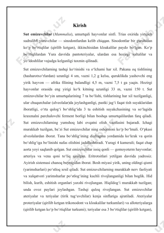 oshlandi. bir qancha sut emizuvchilar qishloq xoʻjaligi ekinlari, oʻrmonchilik (ayrim kemiruvchilar) va chorvachilikka (asosan, yirtqichlar) ziyon keltiradi. ayrim sut emizuvchilar (asosan, kemiruvchilar) oʻlat, tulyaremiya, quturish va boshqa ogʻir yuqumli kasalliklarning tarqalishida ishtirok etadi. sutemizuvchilar turli xil yashash muhitida yashash va xatti-harakatlarning turli shakllari uchun hayratlanarli xilma-xillikni namoyish etadilar. umurtqali hayvonlarning hech bir sinfi oʻz evolyutsiyasi jarayonida sutemizuvchilar kabi xilma-xil shakllarni bermagan va koʻpincha bir turkumga mansub turlar har xil adaptiv tiplarga – asosiy ekologik guruhlarga kiradi; boshqa tomondan, o'xshash sharoitda yashovchi va turmush tarzida yaqin bo'lgan turli tartib vakillari juda o'xshash ko'rinishga ega bo'lishi mumkin.sut emizuvchilarning ko'pchiligi naslni sut bilan boqishdan tashqari, ularni boshqa umurtqali hayvonlardan ajratib turadigan bir qator xususiyatlar bilan ajralib turadi. tirik tug'ilish (ibtidoiy hayvonlarning kichik sinf vakillaridan tashqari); haqiqiy gomeotermiya (issiq qonlilik; istisno - yalang'och mol kalamush); soch (jun) mavjudligi, teri bezlarining kuchli rivojlanishi ( ter va yog '), shuningdek shoxli shakllanishlar; bosh suyagida bitta zigomatik …