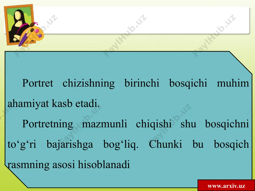 . bu taqqoslash quyidagicha: engakning ostki chekka nuqtasidan burun uchigacha, undan qosh chizig‘igacha va qoshdan peshana do‘mbog‘igacha bo‘lgan oraliqlar. www.arxiv.uz peshana do‘mbog‘idan tepagacha bo‘lgan oraliq shu o‘lchamning yarmiga teng keladi. burunni tasvirlash jarayonida uning ikki tomonida ko‘z kosasining umumiy shaklini chizib, ichiga sharsimon ko‘z olmasi belgilanadi. undan ustki qovog‘i bilan ostki qovog‘ining ko‘z o‘rtalig‘idan qanchalik masofada joylashganligi aniqlanadi. www.arxiv.uz ko‘zni tasvirlash vaqtida ikkalasini ham bir paytda (parallel) chizish kerak, chunki ular bosh (yuz)ning ikki tomonida simmetrik tekislikda joylashgan. quloqni chizganda ham shu uslubni qo‘llash kerak. shu yerda bir narsani eslatib o‘tish joiz. burunni tasvirlash mobaynida quloqning ham tuzilishini belgilash kerak, chunki ularning uzunligi bir xil va bir qatorda joylashgan. www.arxiv.uz tasvirlanayotgan bosh oldidan emas, balki to‘rtdan uch qism burilishida bo‘lgani uchun keyingi ko‘rinishdagi ko‘z yoki quloq yaqinroqda joylash-gan ko‘z bilan quloqdan ozgina bo‘lsa ham kichikroq bo‘ladi. bu perspekt iva qonuniyati bo‘lib, uni amalda qo‘llash yoddan chiqmasligi zarur. og‘iz tuzilishini chizganda …