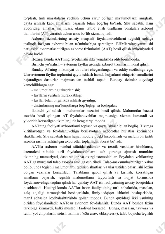 ini joriy qilishni ta'minlaydi. iqtisodiy ob’ektni boshqarish samaradorligi va sifatini oshirish, shuningdek korxonaning iqtisodiy faoliyatini tahlil qilish uchun iqtisodiy axborotni tayyorlash, olish, qayta ishlash, uzatish, hisobga olish, nazorat qilish uchun zamonaviy axborot texnologiyalaridan foydalanishga asoslangan keng qamrovli axborot tizimini yaratish kerak. kurs loyihasining maqsadi - (ulgurji savdo) iqtisodiy ma‘lumotlarni qayta ishlash tizimini avtomatlashtirish. ushbu maqsadga erishish uchun quyidagi vazifalarni hal etish talab etiladi: ( axborotni qayta ishlashning avtomatlashtirilgan tizimining maqsadini aniqlash; ( axborotni qayta ishlashning iqtisodiy tizimlari talablari va tuzilishini ko‘rib chiqish ( ob’ektning umumiy tuzilishini aniqlash; ( ma’lumotlar bazasini yaratish; ( domen modelini tavsiflang. avtomatlashtirilgan axborotni qayta ishlash tizimining maqsadi. boshqarish tizimlarini avtomatlashtirish masalalarini ko‘rib chiqishda, birinchi navbatda, avtomatlashtirishni aniqlashtirishimiz kerak, ya’ni avtomatlashtirish ob’ektlarini aniqlab olishimiz kerak. avtomatlashtirish ob’ektlarini aniqlash uchun korxonaning ishlash jarayonini tahlil qilish kerak. tahlil natijasida boshqaruv tizimida ma’lumotlarni qayta ishlash jarayonining tavsifi olinishi kerak, bu jarayon elementlari aniqlanadi. har qanday boshqaruv vazifasini hal qilishda axborotni …