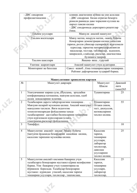 р, фэк ва бошкалар билан ишлаш) 30 11 мавзуга оид дори моддаларини рецептларини ёзиш ва мухокама килиш. назорат дафтари,дарслик ва кулланма. 5 12 укитувчининг ўтилган машгулот буйича умумий хулосаси. талабаларнинг билими рейтинг низоми буйича бахолаш ва талабаларга ўкиб эшиттириш. эртанги мавзуни талқин тушунчаси. ахборот бериш,талабаларни саволларига жавоб бериш. 20 дарсни асослаш. геморрагик диатезлар бир гурух касалликларни уз ичига олиб, периферик қонда тромбоцитлар камайиши ва қон томир деворларини узгариши, қон ивиш факторларини тугма етишмовчилиги билан кечади. бу касалликлар купинча клиник ва кучайиб борувчи асоратлар туфайли ёмон окибат билан туговчи касалликдир. буларга гемофилия ва геморрагик васкулит, двс синдром яккол намояндаларидир.уз вактида эрта аниклаш ва шошилинч даволаш касалликни кучайиб кетишини олдини олади ва беморларнинг хаётини саклаб колади. фанлараро ва фан ичида богланиш. бу мавзуни утишда талабаларнинг патофизиологик, патологоанатомик, ички касалликлар пропедевтикаси, факултет терапия, фармакология, клиник фармакология фанларидан олган билимларига асосланади. талабаларнинг машғулот давомида олган билимлари уаш терапия,гинекология, жаррохлик кафедралари машғулотларини утиш вактида кулланилади. …