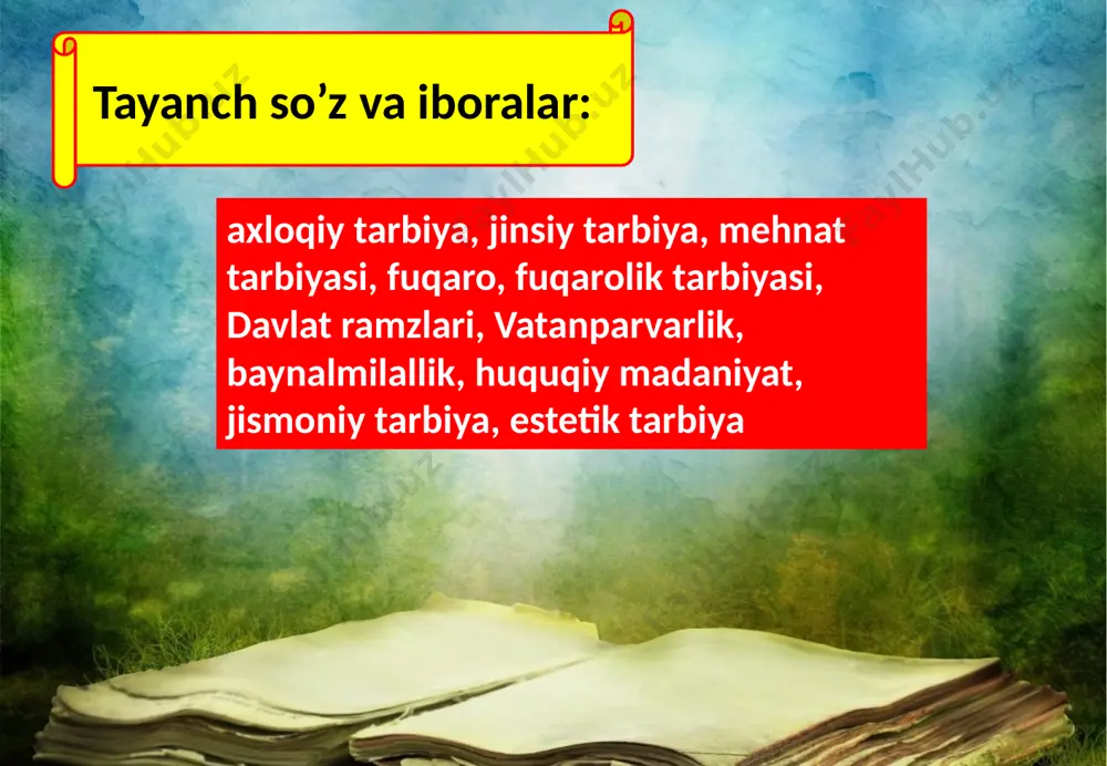 ilik fikri bilan mahqullangan xulq-odob normalari majmuuidoir. ma’naviy-axloqiy tarbiyani tashkil etish ijtimoiy tarbiyaning muvaffaqiyatini tahminlovchi eng muhim omil sanaladi. ma’naviy-axloqiy ta’lim va tarbiya o’zaro bog’liqlik, uzviylik, aloqadorlik ham-da dialektik xarakterga ega bo’lib, shaxs ma’naviy-axloqiy kamo-lotini shakllantirish asosi hisoblanadi. ma’naviy-axloqiy ta’lim o’quvchilarga ma’naviy-axloqiy munosabatlar mohiyati to’g’risida tizimlangan bilimlarni berish, ularda ma’naviy-axloqiy bilimlarni egallashga bo’lgan ehtiyojni yuzaga keltirish ma’naviy-axloqiy ongi-ni shakllantirish jarayoni bo’lib, izchil, uzluksiz, tizimli tarzda tash­kil etilishi lozim. ma’naviy ta’sir ma’rifiy ta’sir munosabatlar o’quvchilarning vatanga munosabati o’quvchilarning jamiyatga munosabati o’quvchilarning o’z oilasiga munosabati o’quvchilarning o’z maskaniga munosabati o’quvchilarning bir-biriga munosabati burch vijdon nomus muhabbat insonda axloqning shakllanishi tarbiya vositasi kengroq tushuncha hisoblanib, unda tarbiya vazifalarini hal etish uchun pedagogik maqsadga muvofiq tashkil etilgan har qanday uslubiy yo’llar tushuniladi. bu umumiy tushunchaga, predmetlar, hodisalar, faoliyat ko’rinishlari, texnik imkoniyatlar, obrazlar, pedagog faoliyati va boshqalar kirishi mumkin. tarbiya vositasiga ko’rgazmali qurollar, kitoblar, ommaviy axborot vositalari, umuman olganda, tarbiya jarayonida qo’llanilgan imkoniyatlar barchasi kirishi …