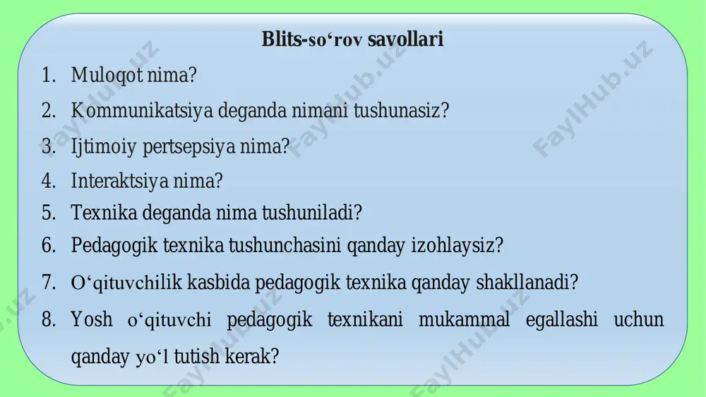 izn so‘ramaguningizcha va egalariga salom bermaguningizcha kirmangiz. mana shu sizlar uchun yaxshiroqdir. shoyad ushbu eslatmadan ibrat olsangizlar”(24.27), (24.61). pedagogik muloqotda muomala madaniyati pedagogik kasbga nisbatan talab va javobgarlik ham kuchaydi, o‘qituvchilarning jamiyat oldidagi vazifalari yanada oshdi. buyuk ma’naviyatimizni tiklash va yanada yuksaltirish, milliy ta’lim-tarbiya tizimini takomillashtirish, uning milliy zaminini mustahkamlash, zamon talablari bilan uyg‘unlashtirish, uni jahon andozalari darajasiga chiqarish, o‘quvchilarda mustaqil va erkin fikr yuritish ko‘nikmalarini hosil qilish kabi vazifalarga javobgarlik hissi o‘qituvchilar zimmasiga yuklatildi. pedagogik muloqot madaniyati o‘qituvchi faoliyatini muvaffaqiyatga yo‘naltiruvchi eng muhim vosita, bunda o‘qituvchining muhim fazilati, uning muloqot madaniyatiga asoslangan muomalasidir. muomala barcha falsafiy va psixologik fanlarda o‘ziga xos ta’rifga ega. pedagogikaning kategoriyasi sifatida muomala o‘quvchilar qalbiga yo‘l topa olish, ularga yondashish uchun mehrini qozonish, pedagogik nuqtai nazardan ta’lim- tarbiya jarayonida o‘quvchilar bilan o‘zaro aloqa bog‘lashga qaratilgan o‘qituvchining pedagogik qobiliyatidir o‘qituvchi o‘quvchilar bilan muomalaga kirishish asosida: . o‘z ijodkorligini va pedagogik mahoratini namoyish qiladi. sharqona udum va …