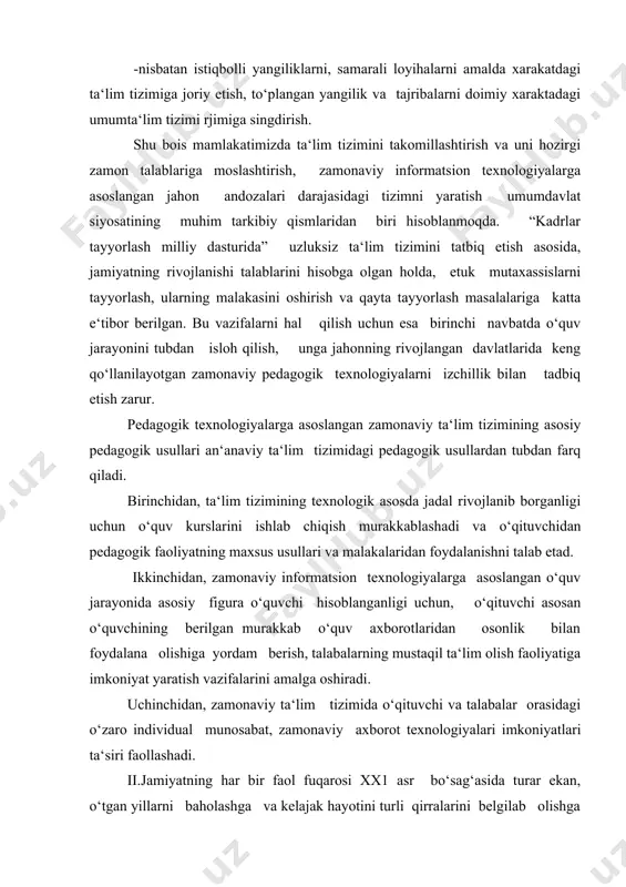 at yaratish vazifalarini amalga oshiradi. uchinchidan, zamonaviy ta‘lim tizimida o‘qituvchi va talabalar orasidagi o‘zaro individual munosabat, zamonaviy axborot texnologiyalari imkoniyatlari ta‘siri faollashadi. ii.jamiyatning har bir faol fuqarosi xx1 asr bo‘sag‘asida turar ekan, o‘tgan yillarni baholashga va kelajak hayotini turli qirralarini belgilab olishga urinishlari tabiiydir. ta‘lim sohasida ham bunday ishlar amalga oshirilmoqda. ilmiy texnikaviy taraqqiyot nafaqat ishlab chiqarishning ko‘p sonli tarmoqlariga, balki madaniy soxasiga, ijtimoiy-gumanitar bilimlar doirasiga ham yangi texnologiyalarni joriy etishni taqazo etmoqda. shu boisdan keyingi yilarda diqqat markazimizda turgan dolzarb masalalardan biri pedagogik texnologiya xisoblanadi. ma‘lumki, keyingi yillarda “pedagogik texnologiya”, “yangi pedagogik texnologiyalar”, “ilg‘or pedagogik texnologiyalar” tushunchalari pedagogik adabiyotlarda keng qo‘llanilmoqda. pedagogik texnologiyaga doir ayrim ishlarda uning mohiyatini yoritishga xarakat qilingan. qator maqolalari e‘lon qilingan prof. n.saidaxmedov: “bu so‘z fanga 1872 yilda kirib keldi va yunoncha «texos”-hunar, san‘at va “logos”- fan so‘zlaridan tashkil topib “hunar fani” ma‘nosini anglatadi. pt – bu o‘qituvchi /tarbiyachi/ tomonidan o‘qitish /tarbiya/ vositalari yordamida o‘quvchilarga …