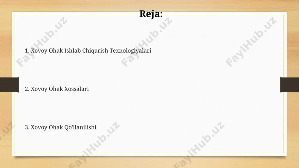 a material olish imkonini beradi. havoyi ohak sifatini nazorat qilish uchun avtomatlashtirilgan tizimlar, masalan, onlayn analizatorlar, kimyoviy tarkibni aniqlash va 99,9% aniqlikka ega bo'lishi mumkin. havoyi ohak ishlab chiqarishda 200-500 tonna sig'imli aylanma pechlar samaradorligi 90% ga yetishi mumkin, bu energiya tejashga va ishlab chiqarish xarajatlarini kamaytirishga yordam beradi. sifat nazorati sifat nazorati natijalari statistik usullar yordamida tahlil qilinadi, bu esa 95% ishonchlilik darajasida mahsulot sifatining barqarorligini ta'minlashga yordam beradi. sifat nazorati jarayonida kamida 3 bosqichli tekshiruv (xom ashyo, yarim tayyor mahsulot, tayyor mahsulot) o'tkazilib, har bir bosqichda 10 dan ortiq parametrlar o'lchanadi. havoyi ohak sifatini aniqlashda, kalsiy oksid (cao) miqdori 90% dan yuqori bo'lishi, mgo miqdori esa 5% dan oshmasligi kerak. bu ko'rsatkichlar sifat standarti hisoblanadi. xovoy ohak turlari xovoy ohak turlari tarkibida kaltsiy oksidi (cao) miqdori 90% dan 98% gacha oʻzgarib turadi, bu esa ularning mustahkamligi va qoʻllanilish sohasini aniqlaydi. yuqori sifatli xovoy ohak ishlab chiqarish uchun 1200-1400°c …