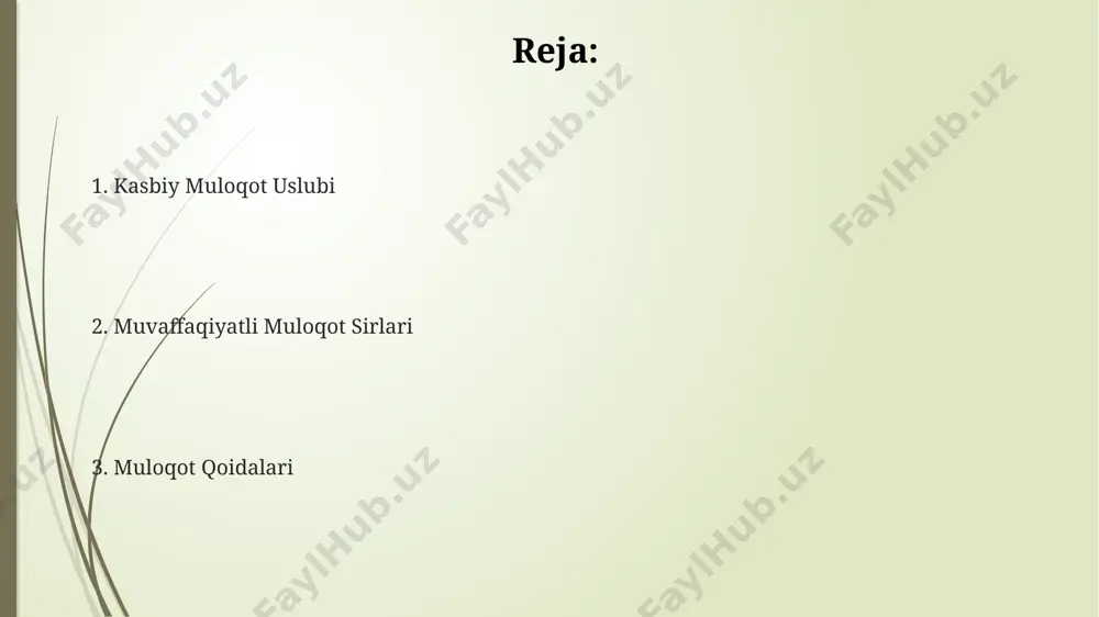 o'lish zaruratini ko'rsatadi. "yuksak kontekstli" madaniyatlarda noto'g'ri talqinlar sonining 30% ga ko'payishi bilvosita muloqot uslublarining keng qo'llanilishiga bog'liq. muloqotda yuqori kontekstli (masalan, yaponiya) va past kontekstli (masalan, germaniya) madaniyatlar o'rtasida 70% ga yaqin tushunmovchiliklar tilning o'ziga emas, balki noverbal xulq-atvor farqlaridan kelib chiqadi. kasbiy muloqot uslubining asosiy qoidalari elektron pochta orqali muloqotda mavzu satrini aniq va qisqa (maksimal 50 belgidan iborat) qilib yozish, shuningdek, matnni mantiqiy bo‘limlarga bo‘lish va rasmiy tilga rioya qilish zarur. kasbiy muloqotda aniq va tushunarli tilni, kamida 70% lug‘at boyligini qo‘llash, jumlalarni 15 so‘zdan oshmasligi tavsiya etiladi. noto‘g‘ri ma'lumotlar bermaslik va professional etikaga rioya qilish muhim. har qanday kasbiy muloqotda 3 ta asosiy element: tinglash, tushunish va javob berish o‘zaro bog‘liq bo‘lib, samarali aloqaning asosi hisoblanadi. bu jarayon muvaffaqiyatning 80% ni tashkil etadi. yozuvli muloqot madaniyati yozuvli muloqot madaniyatida 3 dan ortiq paragrafdan iborat xatlar kamdan-kam hollarda o'qiladi, shuning uchun xabarni qisqa va aniq yetkazish muhim …