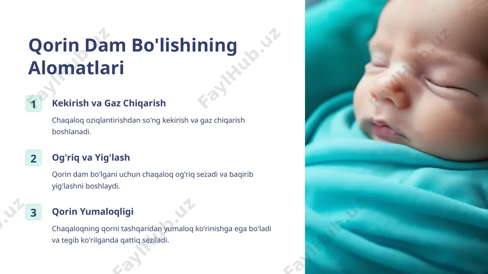 ini olish usullari chaqaloqqa mos keladigan oziq-ovqatlarni tanlash, to'g'ri emish texnikasini qo'llash va muntazam jismoniy faollik chaqaloqlarda qorin dam bo'lishining oldini olishga yordam beradi. 9 yana qanday yordam olish mumkin? dori vositalari shifokor tavsiyasi bilan gazlarni chiqarish, ichak spazmini oldini olish va disbakteriozni davolash uchun dori vositalari qabul qilish mumkin. xalqona usullar qoringa issiq qo'l qo'yish, massaj qilish, gimnastika mashqlari bajarish va qattiq qilib yo'rgaklash kabi xalqona usullar ham yordam berishi mumkin. ovqatlanish tavsiyalari emizish paytida bolani to'g'ri qo'yish, ovqatlantirishdan oldin qorini qizdirish, ovqatlantirishdan so'ng tik ushlash kabi tavsiyalar beriladi. tibbiy yordamga murojaat agar muammo davom etsa, shifokor bilan maslahatlashish kerak. 10 image1.png image2.png image3.png image4.png image5.png image6.png image7.png image8.png image9.png image10.png image11.png image12.png image13.png image14.png image15.png image16.png