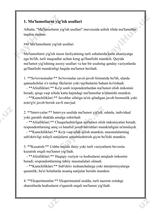 faqiyatga olib kelishi mumkin. 2. ma'lumotlarni rasmiylashtirish va saqlash ma'lumotlarni rasmiylashtirish va saqlash zamonaviy davrda axborot texnologiyalari sohasida katta ahamiyatga ega. bu jarayonlar har xil turdagi tashkilotlar, korxonalar va davlat idoralari uchun muhimdir. quyida ma'lumotlarni rasmiylashtirish va saqlash bilan bog'liq ma'lumotlar va statistikalar keltiriladi. 1. **ma'lumotlarni rasmiylashtirish**: - ma'lumotlarni rasmiylashtirish, ya'ni ma'lumotlarni tartibga solish va tuzilmalashtirish jarayoni, katta hajmdagi ma'lumotlar bilan ishlash imkoniyatini oshiradi. bu jarayon turli xil formatlardagi va manbalardagi ma'lumotlarni yagona standartga keltirishni nazarda tutadi. misol uchun, kompaniya o'z mijozlarining ma'lumotlarini rasmiylashtirganda, ular barqaror va bir xil formatda saqlanadi. 2. **ma'lumotlarni saqlash**: - ma'lumotlar hajmi tobora ortib bormoqda. 2025-yilgacha dunyodagi ma'lumotlar hajmi 175 zettabaytgacha yetishi kutilmoqda (idc, 2021). buni taqqoslash uchun, 2010-yilda jami ma'lumotlar hajmi taxminan 1.2 zettabayt bo'lgan. - bulutli saqlash texnologiyalari ommalashmoqda. 2021-yilda dunyo bo'ylab ma'lumotlarning 49% bulutli saqlash orqali saqlanganligi qayd etilgan (statista). buni asosiy sabablari sifatida qulaylik, arzonlik va ko'p mavqelar bilan ishlash imkoniyatlari …