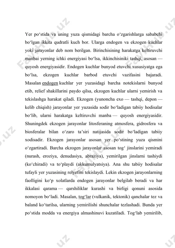 i jinslarni yemirib, deflatsiya va korraziyaga uchratadi. fizik nurash natijasida turli oʻlchamdagi togʻ jinslari hosil boʻladi. togʻ jinslarining bir hilda isitmasligi sababidan sodir boʻladi. bunda asosan, haroratning sutkalik tabranishi katta ahamiyatga ega boʻladi. monomineral togʻ jinslarining yuza qismi bilan pastki qismi oʻrtasida, polimeneral togʻ jinslarida turli qattiqlik va rangdagi minerallar oʻrtasida harorat amplitudasining taʼsiridan siqilish va kengayish kuzatiladi. natijada togʻ jinsida darzlar paydo boʻlib, asta — sekin parchalana boradi. haroratli nurash keskin kontinental arid iqlimli oʻlkalarda va arktikada kuchli kechadi. mexanik nurash suv va havo oqimlarining kuchi, gravitatsion jarayonlar, togʻ jinslarining muzlashi va oʻsimliklar tomiri taʼsirida yemirilishidan namoyon boʻladi. shamollar taʼsirida yemirilgan togʻ jinslarida turli-tuman gʻaroyib shakllar vujudga keladi. qoyali relyefda bu vosita gravitatsiya kuchlari taʼsirida togʻ jinslarini mexanik parchalab, turli shakillar va burdalangan material xisobiga kollyuviy hosil qiladi. suv muzlaganda oʻz hajmini 11 % ga oshiradi. natijada qor chizigʻidan yuqorisida, arktika, subarktika, dengiz qirgʻoqlarida sovuqdan nurash yuz beradi. suv …