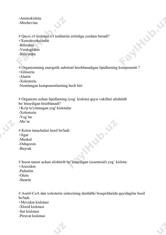 ch atomli spirt orqali amalga oshiriladi: +glitserin -atsetoatsetat -atseton -sitrat # glukoneogenezni stimullovchi buyrak usti bezi gormonni: +kortizol -androgen -insulin -tiroksin # glukozaning hujayraga faol transportini ingibirlovchi gormonni ko‘rsating: +gidrokortizon -indikan -krezol -putrestsin # reparatsiyada qatnashuvchi ferment: +purin-insertaza -maltaza -laktaza -transaminaza # fosfat kislota orqali dnk molekulasini birlamchi strukturasini hosil qiluvchi kimyoviy bog‘ning nomi +fosfodiefir -vodorod -koordinatsion -disulfid # bir zanjirli nuklein kislota bo`lmish rnk birlamchi stuzilishini nima belgilaydi? +dnk ning bitta zanjiri -dnk ning ikki zanjiri -rnk polimeraza -ribosoma # o`zida oqsil haqida axborotni saqlovchi mrnkning soni nechta +oqsil soniga teng -61 -3 -64 # oqsil biosintezida energiya manbai: +atf, gtf -gdf -adf -stf # oqsil sintezi qayerda amalga oshadi +ribosomada -sitoplazmada -yadroda -qonda # oqsil biosintezida aminokislotalar faollanishida aminokislotaga qaysi rnk birikadi: +trnk -fosfor kislota qoldig’i -mrnk -ribosomaning kichik birligi # oqsil sintezida start (sintezni boshlovchi) va tormoz kodonlari (uaa, uag, uga) mavjud. ushbulardan qaysi biri start kodoni: …