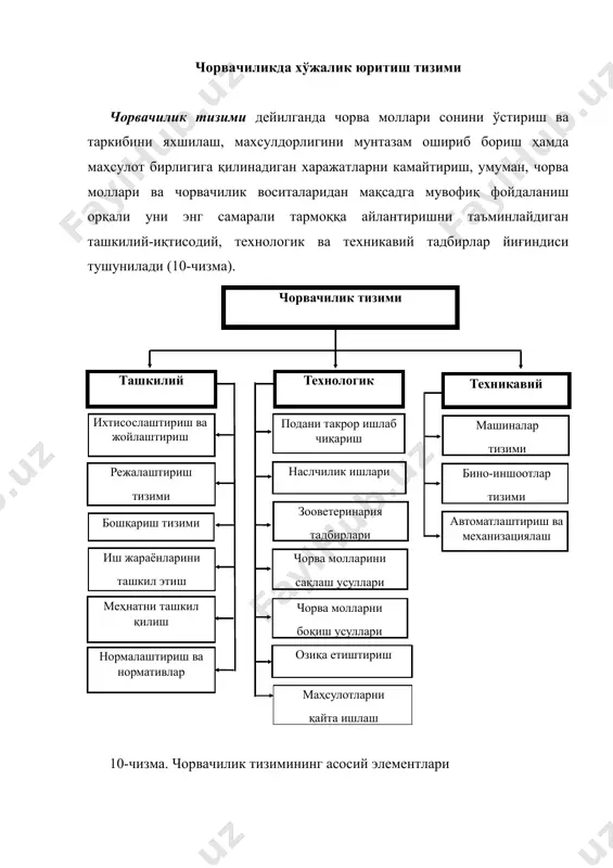 ҳамият касб этади. технологик омиллар чорвачилик тизимининг энг асосий элементларидан бири ҳисобланиб, унинг таркибига қуйидаги тадбирлар киради: · подани такрор ишлаб чиқариш тизими – кенгайтирилган таркор ишлаб чиқариш ҳажмини таъминлаш мақсадида пода таркибини яхшилаш, чорва молларидан унумли фойдаланиш муддатларини оптималлаштириш, маҳсулдор сигирларнинг қисир қолиши ва ҳисобдан чиқарилиши нисбатларини камайтириш, биринчи қочиришда уларнинг ёшини тўғри танлаш ва маҳсулдорлигини ошириш тадбирлари йиғиндисидан ташкил топади. · наслчилик ишлари тизими – чорва молларининг маҳсулдор ва касалликларга чидамли зотларини яратиш, наслдор чорва молларини сақлаш ва урчитиш ишларини яхшилаш чоралари билан характерланади. бу иш билан асосан давлат ёки хусусий наслчилик хўжаликлари қонунчиликда белгилаб берилган тартибда иш олиб боради. · зооветринария тадбирлари тизими – чорва молларининг турли касалликларга чалинишини олдини олиш ва профилактика тадбирларини амалга ошириш, касалликка чалинган чорва ҳайвонларини самарали даволаш орқали уларнинг маҳсулдорлигини оширишга хизмат қилади. · чорва молларини боқиш тизими – уларнинг маҳсулдорлиги ва маҳсулот сифатига таъсир кўрсатувчи энг муҳим омил саналади. илмий асосланган …