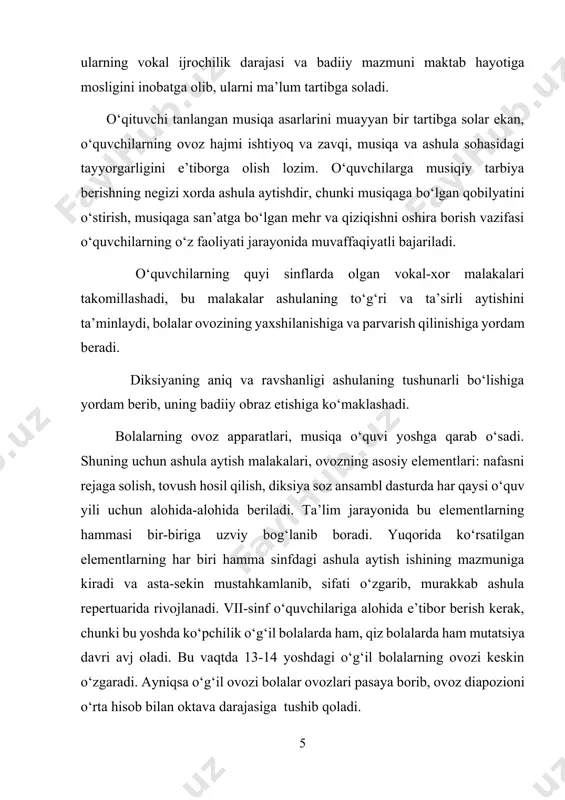 i bosqichdagi tovushlar orasida va uning kvinta yoki oktava miqyosidagi qismlarida ashula aytib, bir ovozda asosan, yalla yoki qo‘shiqlardan parchalar aytish, “ovozni marosimga solish” katta ahamiyatga egadir. notaga qarab ashula aytib malakasi ham shu xilda mashq qilish yo‘li bilan hosil etiladi. bu xildagi mashqlar uchun har dars 3-6 minut vaqt ajratiladi. dasturda cholg‘u asbobi bilan jo‘r bo‘lib va jo‘rsiz ashula aytilishi nazarda tutilgan. jo‘rsiz ashula aytish musiqa o‘quvining o‘sishiga, ko‘p ovozli ashulalarning hamjihatlik bilan aytishiga, ohangdoshlikka, diqqatni kuchaytirishga yordam beradi. musiqa asbobi jo‘risiz xor bilan ashula aytganda o‘qituvchi ham, o‘quvchilar ham ashuladagi barcha noto‘g‘riliklarni yaxshi sezadilar. jo‘rsiz ashula aytishni o‘rganishning ahamiyati ham ana shundadir. o‘quvchilarni musiqadan savodli qilish xorda ashula aytish bilan mustahkam bog‘langan. musiqadan savodli qilish vazifasini bolalarning musiqa o‘quvini o‘stirish asosida ularga ashulaning musiqiy ohangni anglash va tushuntirishni, ashula so‘zlarini to‘g‘ri aytishni o‘rgatishdir. musiqa sohasida berilgan barcha nazariy ma’lumotlar notaga aytish va mashq qilish jarayonida mustahkamlanadi. o‘qib olib, …