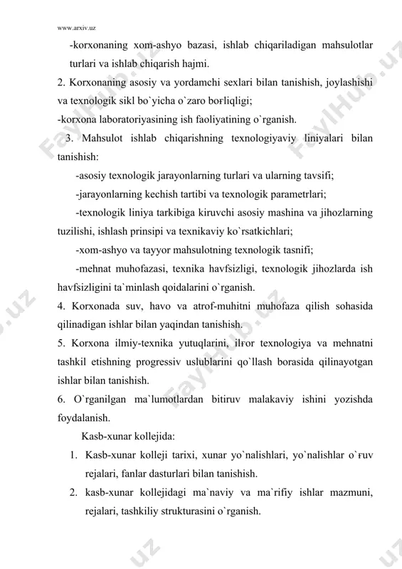 andart varaqlarda bajariladi va hisobotning tegishli joylariga yoki hisobotga ilova tariqasida qo`yiladi. hisobotning hamma sahifalari hamda ilovalr ketma-ketlikda, qaytarishlarsiz va boshqa qo`shimcha belgilarsiz raqamlanadi. hisobotning sarvaraғi (titul varaғi) birinchi sahifa bo`lib hisoblanadi, unga i soni qo`yilmaydi. sahifalarning tartib raqami ulardagi burchak shtampining o`ng burchagiga yoziladi. hisobot asosan amaliyot davrida yozilishi lozim, uni qo`shimcha materiallar bilan to`ldirish, kamchiliklarini qaytadan ishlash va to`la rasmiylashtirish uchun amaliyot oxirida talabaga 2-3 kun vaqt ajratilishi mumkin. hisobotni hajmi chegaralanmaydi. hisobot sarvaraғida amaliyot rahbarining imzolari va ularni korxona yoki tashkilot muhri bilan tasdiqlangan bo`lishi shart. kundaliksiz va belgilangan tartibda, eskd va dast talablariga binoan rasmiylashtirilmagan hisobot himoyaga qo`yilmaydi. amaliyot hisobotini himoya qilish tartibi. hisobot amaliyot muddati tugagach bir hafta ichida kafedra mudiri belgilagan komissiya oldida qilinishi kerak. komissiya tarkibiga amaliyot rahbarlari va kafedraning etakchi o`qituvchilari kiritiladi. talabaning amaliyot davrida bajargan ishlarini baholash paytida unga korxona yoki tashkilotdan tayinlangan amaliyot rahbari tomonidan berilgan tavsifnoma inobatga olinadi. tavsifnomada …