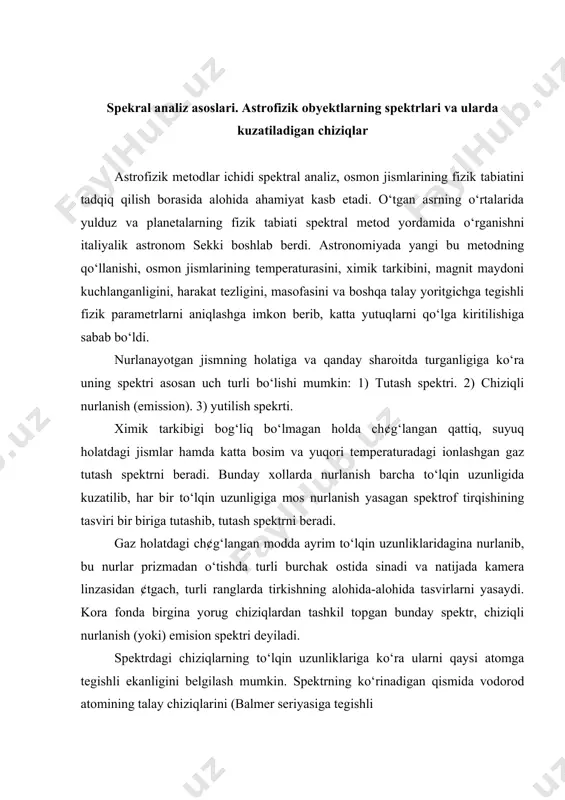orod atomining talay chiziqlarini (balmer seriyasiga tegishli h(((6562аo, h(((4861аo, h(((4340аo, h(((4102аo), natriy bug‘ining spektrida esa natriyning q¢shni ikki sarik chizig‘ini ((=5890аo ва (=5896аo) hamda temir bugining spektrida minglab temirning chiziqlarini k¢rish mumkin. agar tutash spektri beradigan yorug‘lik manbaning yo‘liga sovuq bug‘ yoki gaz modda kiritilsa, yutilish spektri hosil bo‘lib, bug‘ yoki gazni tashkil etgan atomlar u ch¢g‘langan holatida qanday to‘lqin uzunliklarida nurlansa shunday to‘lqin uzunligidagi nurlarni yutib, tutash spektrining fonida yutilish chiziqlarini hosil qiladi. masalan ch¢g‘langan natriy bug‘i yuqorida eslatilgan (=5890аo va (=5896аo to‘lqin uzunliklarida nurlansa, tutash spektri manbai yo‘liga kiritilgan sovuq holdagi natriyning bug‘i xuddi shu to‘lqin uzunliklaridagi nurlarni yutib, tutash spektrining bu chiziqlar to‘lqin uzunlariga mos kelgan joyida ikki q¢shni qora chiziqni hosil qiladi. nurlanish va yutilish spektrlari tasmali (polosali) bo‘lishi ham mumkin. xususan molekulyar birikmalarning spektri qator keng tasmalardan iborat bo‘lib, bunday tasmalar o‘z navbatida bir biriga juda yaqin joylashgan spektral chiziqlardan tashkil topadi. agar bunday molekulyar …