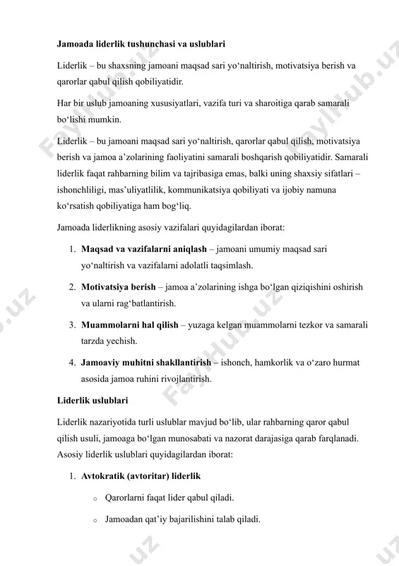 atga ega. liderlik uslubi har bir vaziyatga mos bo‘lishi, jamoa a’zolarining xususiyatlarini hisobga olishi va tashkilotning maqsadlariga xizmat qilishi lozim. shu bois, rahbarlar liderlik uslubini tanlashda bir nechta muhim omillarni inobatga olishadi. 1. jamoaning xususiyatlari jamoa a’zolarining tajribasi, bilim darajasi, motivatsiyasi va ijtimoiy munosabatlari liderlik uslubini tanlashda asosiy omil hisoblanadi. masalan: · yangi va tajribasiz xodimlar bilan ishlashda avtokratik yoki transaktsion uslub samarali bo‘lishi mumkin, chunki bu uslublar aniq ko‘rsatmalar va nazoratni ta’minlaydi. · tajribali va mustaqil ishlay oladigan jamoalarda demokratik yoki transformatsion uslub qo‘llash maqsadga muvofiqdir, chunki ular ijodiy fikrlarni rivojlantirish va jamoani ilhomlantirish imkonini beradi. 2. vazifaning murakkabligi va turi vazifa tabiati va murakkabligi ham rahbarning uslubini belgilashda muhimdir: · oddiy, standart va texnik ishlar uchun qat’iy nazorat va aniq ko‘rsatmalar talab qiluvchi avtokratik uslub samarali bo‘ladi. · murakkab, innovatsion va ijodiy yondashuv talab qiladigan vazifalarda demokratik yoki transformatsion liderlik ko‘proq natija beradi. 3. tashkilotning madaniyati va qadriyatlari …