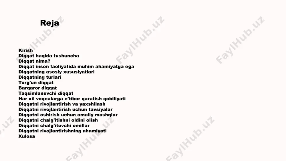 urg'unlik diqqat biror bir narsaga uzoq vaqt davomida qaratilishi mumkin. bu diqqatning turg'unligiga bog'liq. 7 diqqatning turlari turg'un diqqat uzoq vaqt davomida biror bir narsaga diqqatni jamlash imkonini beradi. taqsimlanuvchi diqqat bir vaqtning o'zida bir nechta narsaga e'tibor berish qobiliyatidir. barqaror diqqat turli xil chalg'ituvchilarga qaramay, diqqatni saqlab qolish qobiliyatini anglatadi. 8 turg'un diqqat 1 1 biror narsaga uzoq vaqt davomida e'tibor qaratish qobiliyati. 2 2 turg'un diqqat o'ziga xos xususiyatlarga ega, masalan, chalg'itishga bardoshlilik va konsentratsiyani saqlab qolish. 3 3 turg'un diqqat o'qish, yozish, tadqiqot olib borish va boshqa muhim vazifalarni bajarishda muhim rol o'ynaydi. 9 barqaror diqqat barqaror diqqat uzoq vaqt davomida biror narsaga to'liq e'tibor qaratish qobiliyatini anglatadi. barqaror diqqatga ega odamlar o'zlarini to'liq ishga bag'ishlashi va boshqa narsalarga chalg'imashdan uzoq vaqt davomida diqqatni saqlab turishlari mumkin. barqaror diqqatning afzalliklari ish samaradorligini oshiradi. muammolarni yanada samarali hal qilishga yordam beradi. stress va tashvish darajasini pasaytiradi. yangicha bilimlarni …