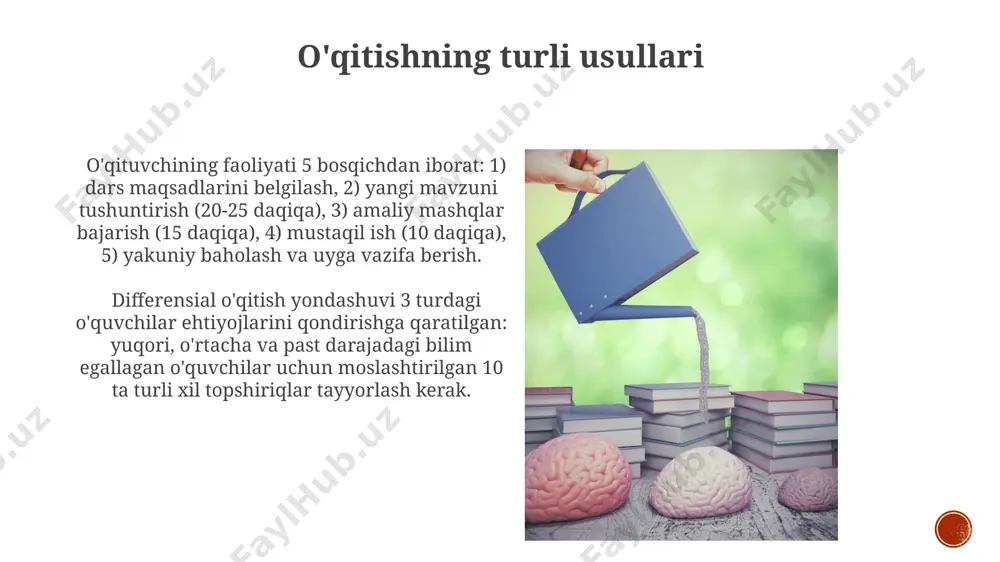 o'quvchilarning 20% i vizual, 60% i auditoriy, 20% i kinestetik o'rganish usullariga moyil bo'lib, darslarni shu xususiyatlarga moslashtirish o'quv samaradorligini 30% ga oshirishi mumkin. har bir o'quvchining intellekt koeffitsienti (iq) va o'rganish uslubi farq qiladi; differensial yondashuv orqali 5-10% o'quvchilarning potensialini ochib berish mumkin. pedagogik psixologiya va amaliyot amaliyotda pedagogik psixologiyaning qo’llanilishi natijasida o’quvchilarning o’zlashtirish darajasi 15-20% ga oshishi va o’qituvchilarning kasbiy malakasi yuksalishi kuzatiladi. ta’lim samaradorligini oshirish uchun pedagogik psixologiya 5 ta asosiy usul – o’yin texnologiyalari, individual yondashuv, samarali motivatsiya, baholashning yangi tizimlari va metakognitsion strategiyani taklif etadi. ta'lim psixologiyasining kelajagi ta'lim psixologiyasining kelajagi neyropsixologiya va kognitiv fanlar bilan chambarchas bog'liq bo'lib, miya faoliyatini o'rganish orqali o'quv jarayonini optimallashtirish usullari 2025 yilga kelib 20% ga yaxshilanadi. ta'lim psixologiyasi kelajagida, shaxsiylashtirilgan o'qitish tizimlarini rivojlantirish uchun sun'iy intellekt va katta ma'lumotlar tahlili texnologiyalaridan foydalanish 2030 yilga borib 50% ga oshishi kutilmoqda. e'tiboringiz uchun rahmat @taqdimot_robot image4.jpg image5.jpg image6.jpg image7.jpg image8.jpg …