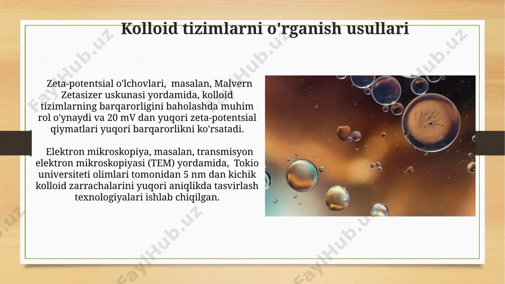 ar hindiston olimlarining tadqiqotlarida tasvirlangan. kolloidlarning muhim xususiyati ularning geterogenligi bo'lib, bu zarrachalar bir tekis taqsimlanmaganligini, masalan, 500 nanometrli o'lchamdagi zarrachalar konsentratsiyasi qo'qon shahridagi laboratoriyalarda o'rganilgan. kolloid tizimlarning turlari kolloid tizimlarning 8 ta asosiy turi mavjud bo'lib, ularning 3 tasi, masalan, sol, emulsiya va aerosol, kundalik hayotda keng tarqalgan va oziq-ovqat mahsulotlari, farmatsevtika va kosmetika sanoatida 1000 dan ortiq qo'llaniladi. qo'shilgan moddaning dispers fazasining o'lchamlariga qarab, kolloid tizimlar 1-100 nm oralig'ida o'zgarib turadigan dispersiya darajasi bilan tasniflanadi, bu esa ularning fizikaviy va kimyoviy xususiyatlariga sezilarli ta'sir ko'rsatadi. masalan, o'zbekistonning cho'l hududlarida uchraydigan tuproqlarning kolloid xususiyatlari shunga bog'liq. sol va gel holatlari sol suyuqlikka o'xshaydi va oqimli, gel esa qattiqroq, shaklini saqlaydigan va deformatsiyaga chidamli, masalan, 25°c da suvli silika geli mustahkamroq bo'ladi. solning 10-100 nm gacha bo'lgan zarrachalar dispersiyasi bilan xarakterlanadi, gel esa 3d tarmoq tuzilishiga ega bo'lib, unda suyuqlik faza ushbu tarmoq ichida joylashgan bo'ladi, masalan, agar-agar geli samarqanddagi …