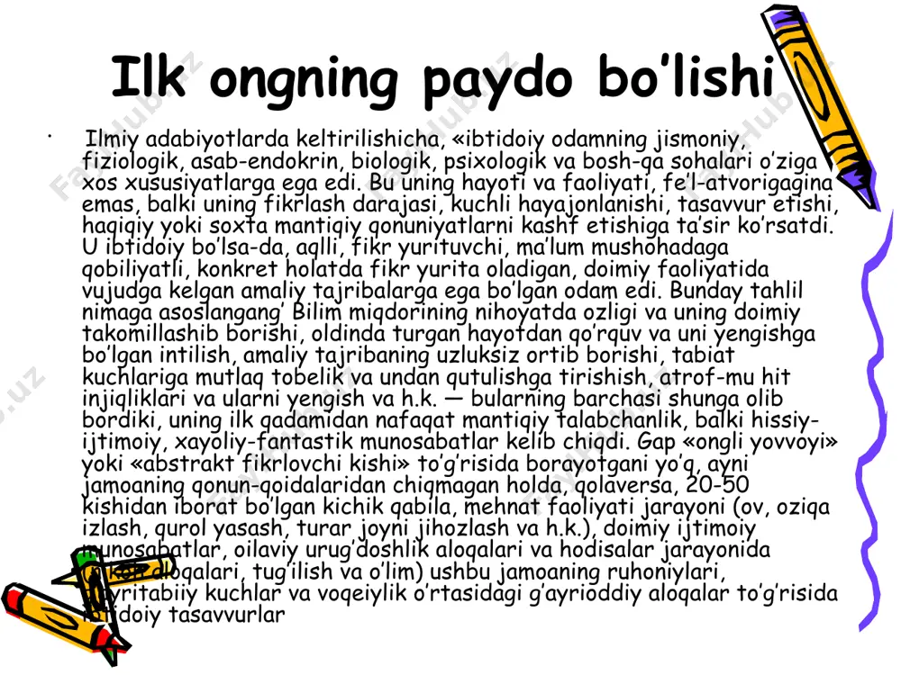 i o’ziga xos tarzda talqin qilinadi. ularning barchasida dunyo va insoniyatning yagona yaratuvchi (avеstoda — axura-mazda, tavrotda — yahvе, injilda — ota xudo, qur’onda — alloh) tomonidan yaratilgani bir ovozdan ta’kidlanadi. odamzodning diniy tasavvurlari paydo bo’lishiga kеlsak, xudo dastlabki inson — odamni yaratgach, unga ma’lum yo’l-yo’riq va ko’rsatmalar bеrdi va bu ko’rsatmalar o’z navbatida din dеb ataldi. diniy ta’limotga ko’ra, inson boshdan mukammal holda yaratilgan, shunga o’xshash din ham unga mukammal holda bеrilgan. evolyutsionizm ta’limotiga ko’ra, insonning paydo bo’lishi ham, dinning shakllanishi ham bosqichma-bosqich, soddadan murakkabga qarab rivojlanib borgan. umuman olganda, barcha ilmiy adabiyotlarda dinning paydo bo’lishi borasida bildirilgan fikrlar ilmiy farazlardan iborat bo’lib, ushbu masalaning diniy adabiyotlardagi talqini esa har bir insonning diniy e’tiqodiga bog’liq. insoniyat tarixiga nazar tashlaydigan bo’lsak, uning kundalik hayoti bilan bog’liq bo’lgan muhim ishlar, jumladan, tug’ilish, oziqa topish, ov qilish, o’z xavfsizligini ta’minlash, dafn marosimi kabilar turli diniy tasavvur va e’tiqodlar bilan bog’liq bo’lganligini ko’ramiz. …