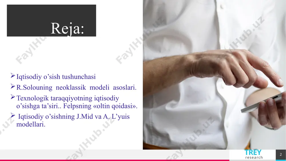 n holda, mikrodarajada o’sishning dinamik modellarini tuza boshlashdi. yirik firmalarning mustaqil iqtisodiy siyosat yuritishga va iqtisodiy o’sishga erishishga intilishlari neoklassik yo’nalish vakillarini iqtisodiy o’sishning neokeynscha modellariga muqobil bo’lgan o’sish modellarini yaratishga faol kirishishga undadi. dobavit nijniy kolontitul 5 trey research solou modeliga ko’ra yalpi ishlab chiqarish hajmi mehnat unumdorligini -bitta ishchiga to’g’ri keladigan mahsulot ishlab chiqarish hajmini (y=y/l) o’stirish hisobiga ta’minlanishi mumkin. ishlab chiqarish hajmi dinamikasi kapital ( kapital bilan qurollanganlik) hajmiga bog’liq. kapital hajmi esa uning chiqib ketishi va investitsiyalar ta’sirida o’zgaradi. investitsiyalar kapital zahirasini orttiradi, chiqib ketish (amortizatsiya) esa uni kamaytiradi. dobavit nijniy kolontitul 6 trey research texnologik taraqqiyotning iqtisodiy o’sishga ta’siri.. felpsning «oltin qoidasi». iqtisodiy o’sishning investitsiyalar va bandlar sonining oshishidan keyingi uchinchi manbasi bo’lib, texnik taraqqiyot hisoblanadi. neoklassik nazariyada texnik (texnologik) taraqqiyot deganda ishlab chiqarishning mashinalashtirilishi emas, balki, ishlab chiqarishdagi sifat o’zgarishlari (ishchilarning ma’lumot darajalari va malakalarining o’sishi, ishlab chiqarishni tashkil qilishning yaxshilanishi, ishlab chiqarish ko’lamining …
