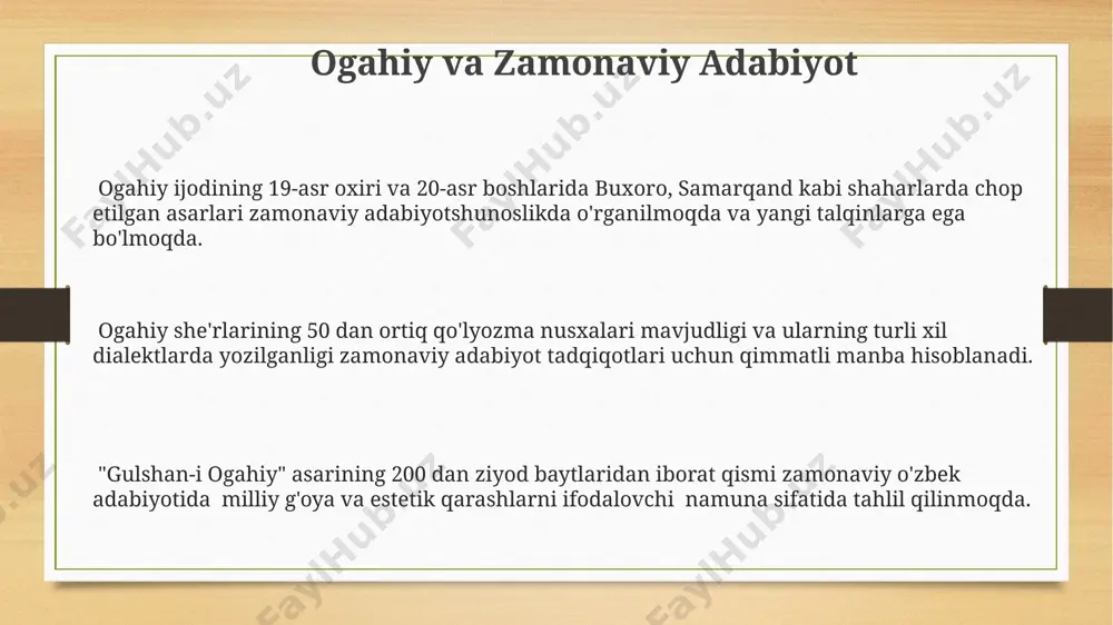 oti va faoliyati ogahiy 18-asrning ikkinchi yarmida buxoro amirligida tug'ilib, 19-asrning dastlabki yillarida samarqandda yashab ijod qilgan mashhur shoir va tarixchi bo'lgan. ogahiyning 200 dan ortiq g'azal, ruboiy va masnaviylari saqlanib qolgan bo'lib, ularning aksariyati vatanparvarlik, ijtimoiy adolat va insoniylik g'oyalariga bag'ishlangan. uning "muxlisu-tur-rix" asari 1820-yillarda yozilgan bo'lib, unda buxoro, samarqand va xiva xonliklarining 18-asr tarixi tafsilotlari bilan bayon etilgan. ogahiy merosi va uning ahamiyati uning "devoni ogahiy" asari 2000 dan ortiq g'azal, ruboiy va masnavilarni o'z ichiga olib, o'zbek she'riyatining boyligi va ko'p qirraliligini namoyish etadi, shuningdek, turli xil she'riy uslublarni qo'llaydi. ogahiyning 19-asr oxiri, 20-asr boshlarida buxoro va samarqand kabi shaharlarda faol ijod qilganligi, uning asarlari orqali o'zbek adabiyoti va madaniyatiga qo'shgan ulkan hissasi beqiyosdir. ogahiy merosi, ayniqsa, uning falsafiy va lirik she'rlari, hozirgi kunda ham o'quvchilar va tadqiqotchilar uchun 300 yildan ortiq vaqtdan beri muhim manba bo'lib xizmat qilmoqda va o'zbek tilining rivojlanishiga ta'sir ko'rsatgan. e'tiboringiz uchun …
