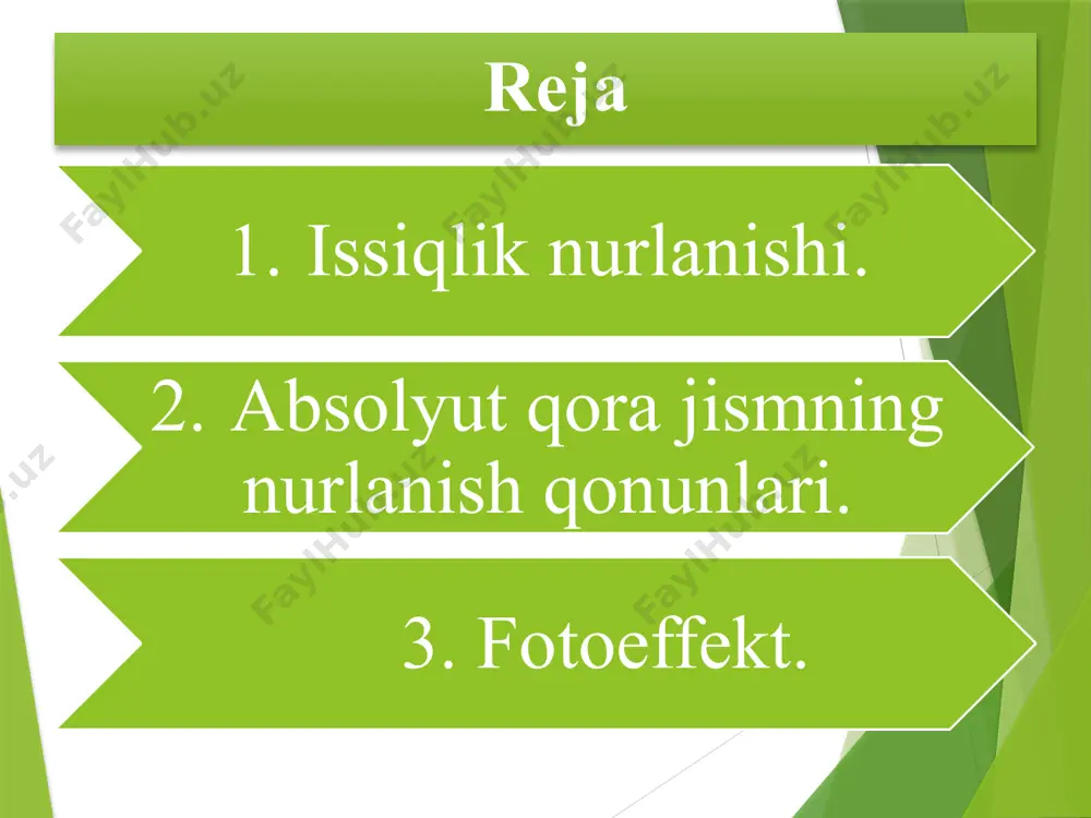 uyosh harorati (60000k) bo‘lib yer yuzasi haroratidan ancha yuqoridir. issiqlik nurlanishini ifodalash uchun quyidagi tushunchalar kiritiladi: jismning to‘la nur chiqarish qobilyati e – birlik yuzadan 1 sek ichida chiqayotgan energiya miqdori, birligi j/m2•sek. jismning to‘la nur yutish qobilyati a – jism yutadigan energiyaning unga tushayotgan energiyaga bo‘lgan nisbati. a ning birligi yo‘q va u har doim ≤ 1 har qanday temperaturada ham o‘ziga tushgan energiyaning hammasini yutadigan jism absolyut qora jism (a.q.j.) deb ataladi a.q.j nur yutar ekan, o‘z navbatida nur ham chiqaradi. demak, nur chiqarish va nur yutish jarayonlari o‘zaro bog‘liqdir. faraz qilaylik ikki jismdan iborat bo‘lgan berk sistemada bu jismlar har xil temperaturaga ega va o‘zaro faqat nur yutish va nur chiqarish orqali energiya almashadilar. ma’lum vaqtdan keyin ular o‘rtasida issiqlik muvozanati paydo bo‘ladi: har bir jism vaqt birligi ichida qancha energiya yutsa, shuncha energiya nurlatadi. ε-a.q.j. ning nur chiqarish qobilyati, uning nur yutish qobilyati a=1. ifoda kirxgof …
