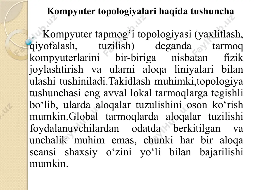 unalarning qabul qiluvchi uzellariga qo‘shimcha talablar qo‘lda. “shina” topologiyali tarmoq uzunligini uzaytirish uchun ko‘pincha bir nechta segmentlar ishlatiladi (ularning har biri shina deyiladi). maxsus signal tiklagichlari repiterlar yoki qaytargichlari yordamida bir-birovi bilan ulanadi. yulduz (star), bunda bitta markaziy kompyuterga chetda qolgan kompyuterlar ulanadi, shu bilan birga har biri o‘zining alohida aloqa liniyalaridan foydalanadi “yulduz” yaqqol ajralib turadigan markazli topologiya, bunga barcha qolgan abonentlar ulangan.barcha axborotlar almashuvi faqat markaziy kompyuter orqali bajariladi,shunday qilib unga juda katta yuklanish yotadi, shuning uchun tarmoqdan tashqari boshqa hech narsa bilan u shug‘ullana olmaydi.tushunarliki, markaziy аbоnеntning tarmoqli asbob - uskunalari atrofdagi abonentlarning asbob - uskunalarga qaraganda juda murakkab bo‘lishi kerak.abonentlarning bir xil huquqga egaligi to‘g‘risida bunda gapirib bo‘lmaydi. “shina” ga qaraganda aloqa liniyalarda signallarni so‘nish muammosi “yulduzda” oddiy hаl etiladi, chunki har bir priyemnik doim bir darajali signal qabul qiladi. “yulduz ” topologiyasini jiddiy kamchiligi abonentlar soni qattiq cheklangan.odatda markaziy abonent 8-16 dan oshmagan atrofdagi abonentlarga …