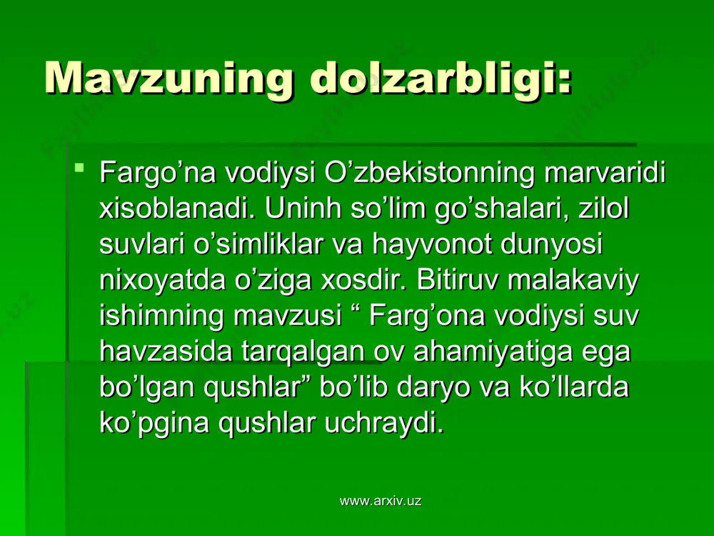 i tarqalgan qushlarni o’rganish, vodiyda tarqalgan hayvonlar bioxilma xilligini saqlash muammolarini o’rganishdan iborat. www.arxiv.uz www.arxiv.uz www.arxiv.uz www.arxiv.uz www.arxiv.uz www.arxiv.uz iv. xulosa. men “farg’ona vodiysi suv havzalarida tarqalgan ov ahamiyatiga ega bo’lgan qushlar” mavzusidagi bitiruv malakaviy ishimda quyidagi xulosaga keldim. 1. farg’ona vodiysining iqlim sharoiti o’ziga xos bo’lib bu vodiy o’zbekistonnong marvaridi hisoblanadi. 2. o’zbekistonda hayvonlarni tarqalish xususiyatini o’rgandim. 3. qushlarni formalin yordamida ham uzoq vaqt saqlash mumkun. shunda material sifatli saqlanadi. 4. qushlarni ovlash usullari juda xilma-xildir. ularni to’r va savatlardan tutishdan tashqari, otib ovlash xam asosiy usul xisoblanadi. 5. ov ahamiyatiga ega bo’lgan suv qushlarida quymich bezi yaxshi rivojlangan. ular yashash sharoitiga moslashgan. 6. sariqqamish jamoa xo’jaligi beshariq tumanida joylashgan bo’lib u yerda tarqalgan qushlar bioekologiyasi o’ziga xos. 7. tabiatdagi bioxilma xillikni saqlash xar birimizning burchimizdir. www.arxiv.uz www.arxiv.uz www.arxiv.uz www.arxiv.uz www.arxiv.uz www.arxiv.uz foydalanilgan adabiyotlar. 1. i. a. karimov “ o’zbekiston buyuk kelajak sari”. 2. i. a. karimov “ yuksak …