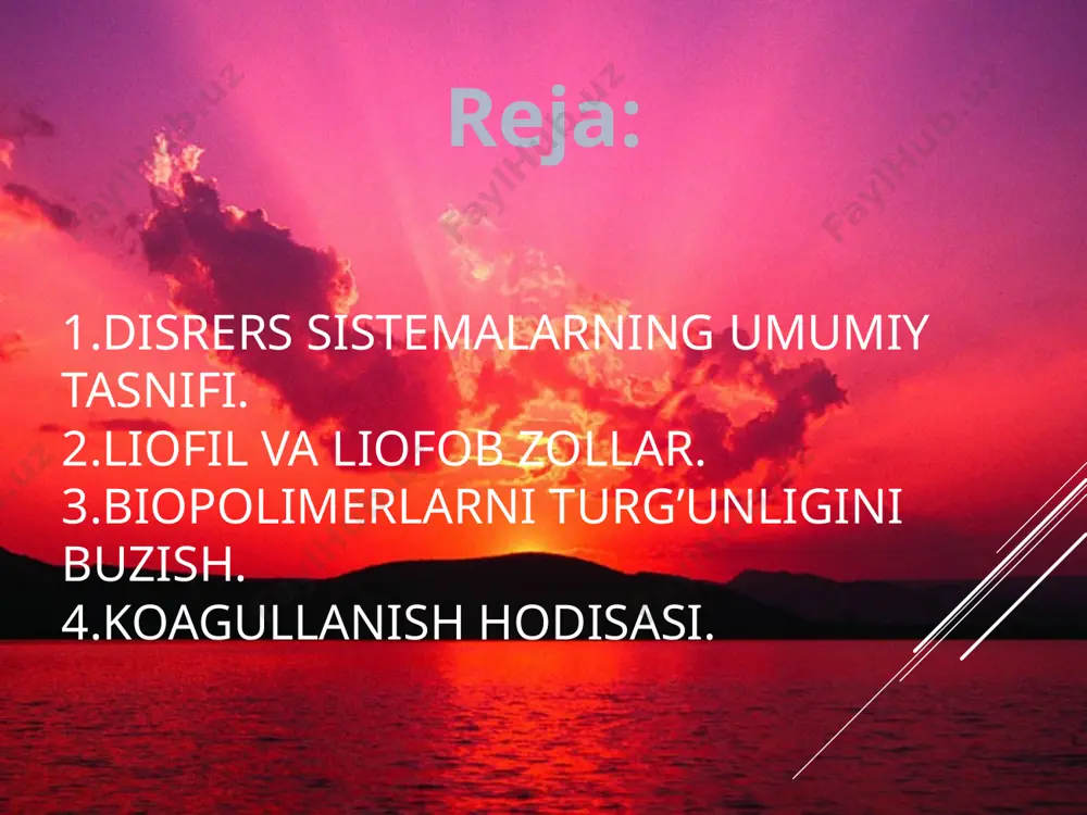 i juda kuchsiz bo‘ladi. dispers muxiti suv bo‘lgan liofob sistemalar gidrofob deb ataladi. masalan, temir, oltin, margimush sulfidi, kumush xloridi va boshqalarning zollari gidrofob zollardir. kolloid eritmalar disperslik darrajasi jihatidan dag‘al dispers va molekulyar- ion dispers sistemalarning o‘rtasida bo‘lganligi sababli kolloid eritmalarni olish uchun ikki qarama -qarshi usuldan foydalanish mumkin: yirik zarrachalarni maydalab kolloid dispers darajasiga (dispersilash usuli) keltirish van-der-vaals tortishish kuchlari ta’sirida atom va molekulalarni birlashtirish (kondensatlash )yo‘li bilan zarrachalarni kolloid sistemalar zarrachalari o‘lchamigacha yiriklashtirish usuli bilan kolloid eritmalarni dispersion usul bilan olish uchun quyidagi yo‘llardan foydalaniladi: qattiq moddani kolloid tegirmonda mexanik yo‘l bilan maydalash; ultra tovush yordamida moddani maydalash (disperslash) yo‘li bilan; yangi tayyorlangan cho‘kmalarni kimyoviy reagentlar (peptizatorlar) ta’sirida maydalash (geldan zolga o‘tkazish) bilan. kolloid eritmalarni olish uchun ishlatiladigan kondensatsion usullarning ko‘pi hilma-hil kimyoviy reaksiyalarga asoslangan. bu oksidlanish-qaytarilish, almashinish, gidroliz va boshqa reaksiyalardir. kolloid eritmalarni kondensatlash yo‘li bilan olishning yana bir usuli erituvchini almashtirish usulidir. bu usul erigan …