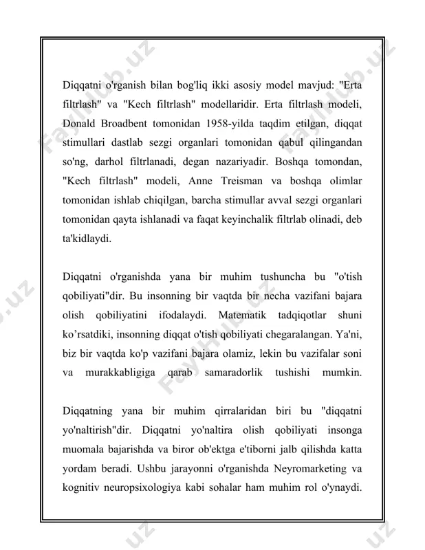 u davrda diqqatning kuzatuvchanligi sezilarli darajada ortadi. diqqatli bolalar ilmiy va ijodiy faoliyatga, shuningdek, turli fanlar bo'yicha chuqur o‘rganishga qodir bo'ladilar. o'smirlar turli mavjud omillar ta'sirisiz bir vaqtda bir necha soat davomida diqqatini saqlab turishi mumkin. diqqatni holdan toymay uzoq vaqt ushlab turish, ta'lim jarayonida muvaffaqiyatga erishishni ta'minlaydi. oxirgi bosqich, 14 yosh va undan yuqori yoshdagilarga to'g'ri keladi. bu bosqichda diqqat barqarorlashadi va ko'p vaqt davomida o‘z-o‘zini nazorat qilish imkoniga ega bo‘ladi. diqqat jarayonlari o‘zaro moslashib, turli vazifalarni samarali bajara olishga imkon beradi. o'smirlarning diqqat qobiliyatlari turli ilmiy, ijodiy va amaliy faoliyat bilan shug'ullanishlariga yo‘l ochadi. ushbu bosqichda diqqatning mustaqilligi va doimiyligi kuchayadi. shunday qilib, diqqatning rivojlanish bosqichlari inson umrining dastlabki yillaridan boshlab uzluksiz takomillashib boradi, har bir bosqichda diqqat yanada barqaror va murakkablikka erishadi. diqqatning shakllanishi va rivojlanishi uchta asosiy yo'nalishni o'z ichiga oladi: barqarorlik, davomiylik va taqsimlanish imkoniyatlari. har bir bosqichda ota-onalar va pedagoglar bolaning diqqat qobiliyatlarini rivojlantirishda …