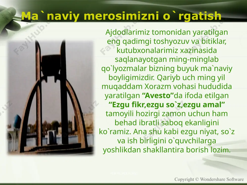 idir. biz tarbiyalayotgan yigit qizlarimiz alpomishdek mard, jasur va barchinoydek mehribon, vafodor, ziyrak, oqila qizlar bo`lib yetishishi uchun sinfdan tashqari o`qish darslarida, ma`naviyat soatlarida ushbu dostonni o`quvchilarga o`qitib borishimiz lozim.. www.arxiv.uz copyright © wondershare software maqollarning bola ma’naviyatidagi ahamiyati . www.arxiv.uz copyright © wondershare software shakllantiriladigan ijobiy fazilatlar mehnatsevarlik vatanparvarlik kitobxonlik mehr-oqibatli bo`lish ota-onaga hurmatda bo`lish odob-axloq qobil farzand bo`lish to`g`ri so`zlik insonparvarlik акт бўйича ташкил этилган ўқув курслари натижалари педагоглар сони – 390 105 нафар актдан самарали фойдаланувчилар сони: 2010 йил охирида – 13 296 нафар (3,2%); 2011 йил охирида – 54 104 нафар (13,1%); 2012 йил охирида – 109 645 нафар (26,7%); 2013 йил охирида – 147 425 нафар (35,9%). 3,2% 13,1% 26,7% 35,9% copyright © wondershare software ряд 1 2010 йил охирида 2011 йил охирида 2012 йил охирида 2013 йил охирида 3.2 13.1 26.7 35.9 вазирликнинг расмий веб-сайти www.uzedu.uz бмт мутахассислари хулосасига мувофиқ веб-сайт 68,7% талабларга жавоб …