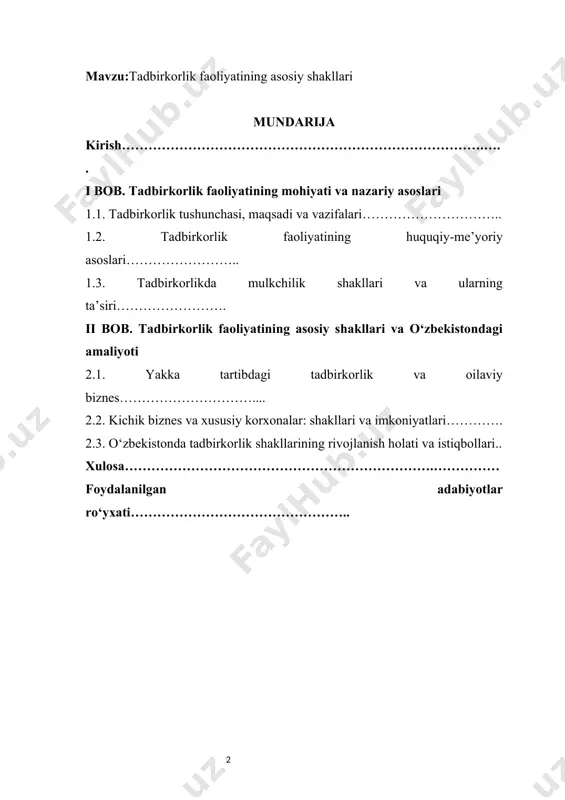 ga oson kirish, elektron davlat xizmatlarining joriy etilishi kabi ijobiy muhit yaratilmoqda. ayniqsa, tadbirkorlikning shakllarini — yakka tartibdagi faoliyatdan tortib oilaviy biznes va kichik korxonalar faoliyatigacha bo‘lgan ko‘lamda o‘rganish muhimdir [footnoteref:0]. chunki aynan ushbu shakllar orqali iqtisodiy o‘sishning asosiy drayverlari shakllanmoqda. shu sababli, tadbirkorlik faoliyatining asosiy shakllarini chuqur tahlil qilish, ularning o‘ziga xos xususiyatlarini va amaliy jihatlarini o‘rganish nafaqat dolzarb, balki zarur ilmiy-amaliy vazifadir. [0: o‘zbekiston respublikasi prezidenti mirziyoyev shavkat miromonovich. 2023-yil – inson qadrini ulug‘lash va faol mahalla yili davlat dasturi to‘g‘risidagi farmon. – pf–14-son, 2023-yil 20-yanvar. – elektron manba: www.lex.uz ] kurs ishi mavzusining o‘rganilganlik darajasi tadbirkorlik va uning faoliyat shakllari nafaqat amaliyotda, balki ilmiy adabiyotlarda ham keng muhokama qilinib kelmoqda. xususan, o‘zbekistonlik iqtisodchilar — s. murodov, a. qodirov, r. umarov va n. toshpo‘latovlarning asarlarida tadbirkorlikning huquqiy, ijtimoiy va iqtisodiy asoslari chuqur tahlil etilgan. shu bilan birga, dunyo miqyosida p. drucker, j. schumpeter va d. mcclelland kabi olimlar …
