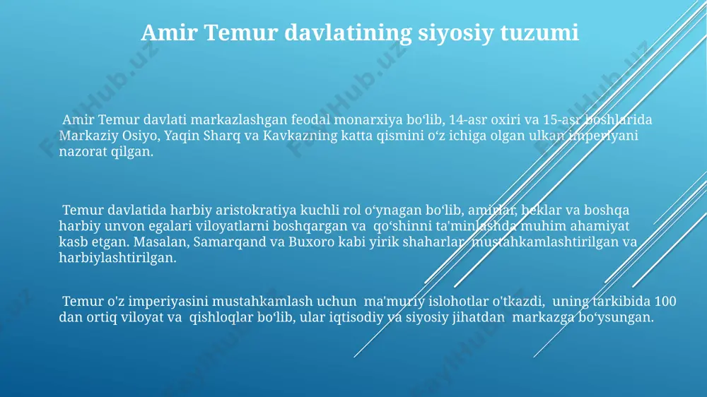 tish qurollari va to'plar keng qo'llanilgan, bu esa 15-asr boshlarida anadolu va xorazm kabi hududlarda harbiy strategiya va taktikasiga sezilarli ta'sir ko'rsatgan. temur qo'shini yuqori darajadagi intizom va malakaga ega bo'lib, qo'shinlar 10 ming kishilik tumanlarga bo'lingan va har bir tuman o'zining tajribali qo'mondoni bilan boshqarilgan, masalan, dehli va damashq kabi yirik shaharlarni zabt etishda ko'rsatgan. amir temur armiyasi 100 000 dan ortiq jangchi, jumladan, piyoda askarlar, otliq qo'shinlar va og'ir qurollangan o'q otish guruhlaridan iborat bo'lib, samarqand va movarounnahrdan tashqari, turli viloyatlaridan ham askarlarni o'z ichiga olgan. temur davlatining huquqiy tizimi temur davlatining huquqiy tizimida, movarounnahr va xuroson viloyatlarida qo‘llaniladigan qonunchilikning hududiy o‘ziga xos xususiyatlarini hisobga olgan holda, mahalliy an’analarga asoslangan huquqiy amaliyot mavjud edi. davlatning iqtisodiy taraqqiyoti va savdo-sotiq munosabatlarini tartibga solish maqsadida, temur davlati huquqiy tizimida 30 dan ortiq turli soliq turlari va ularning miqdori aniq belgilab qo‘yilgan. temur davlati huquqiy tizimida 14-asrda samarqandda joriy etilgan “temur …